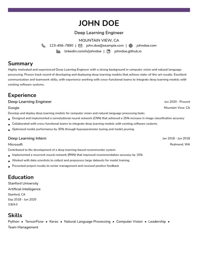 Deep Learning Engineer resume example