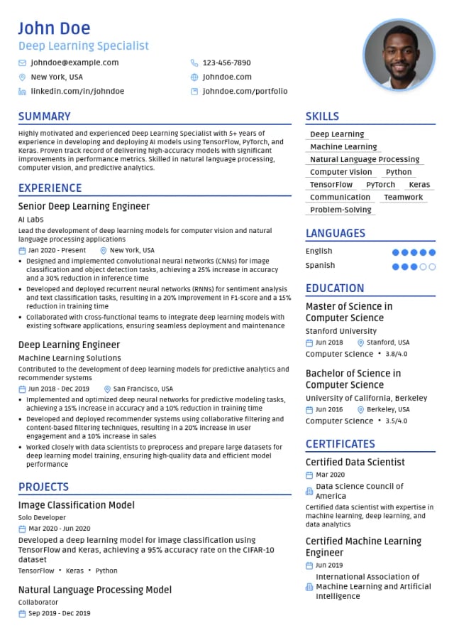 Deep Learning Specialist resume example
