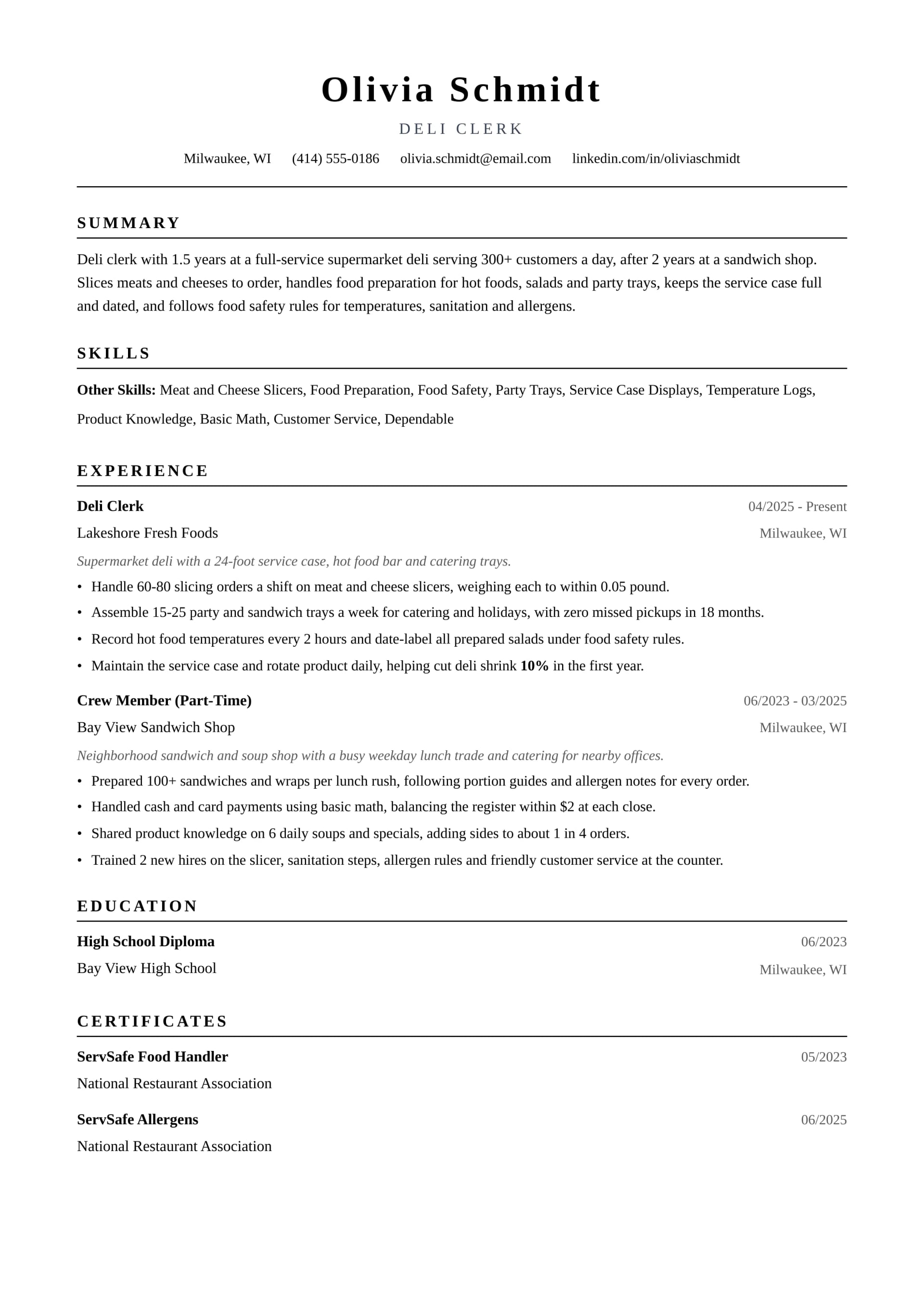 Deli Clerk resume example