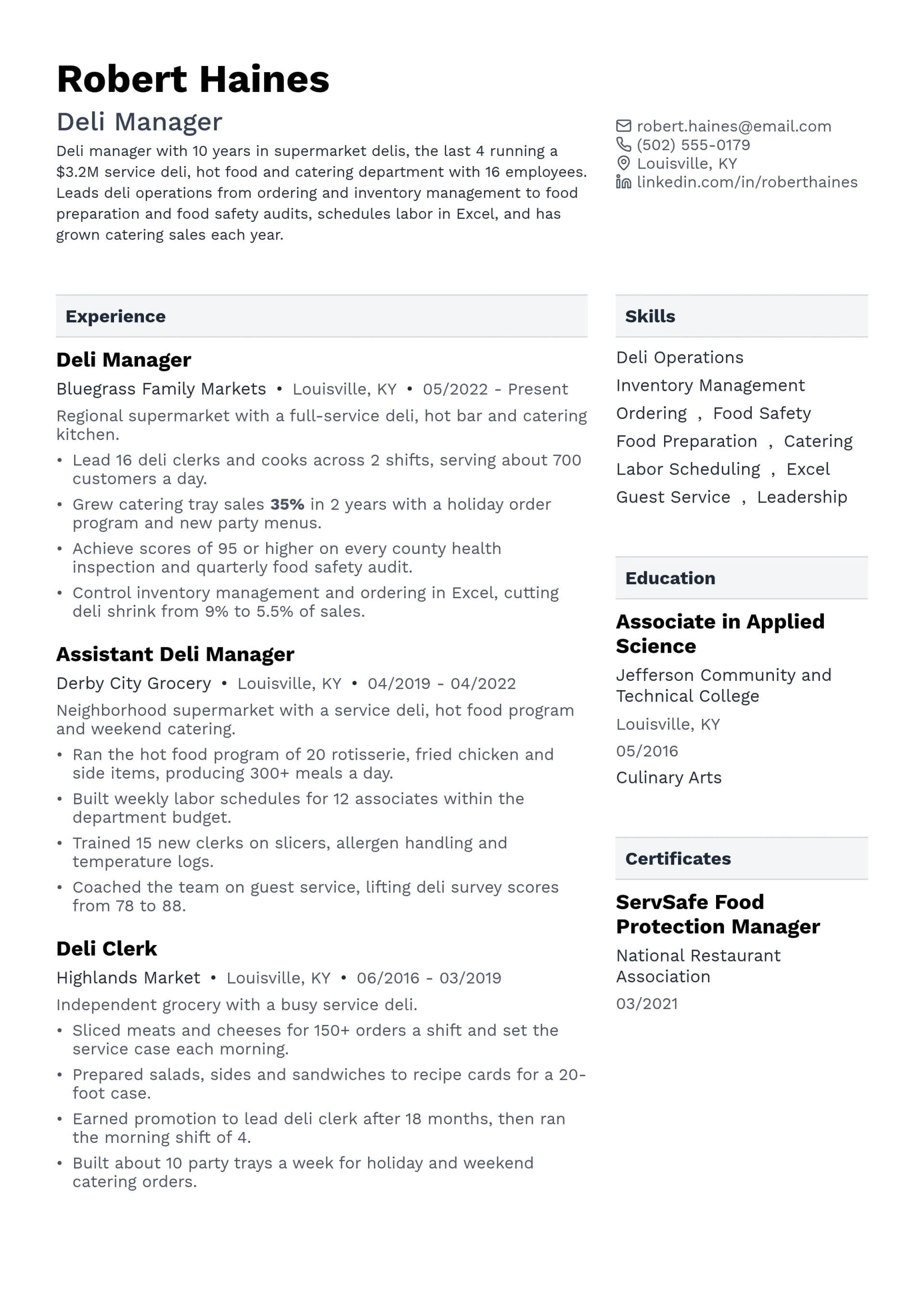 Deli Manager resume example