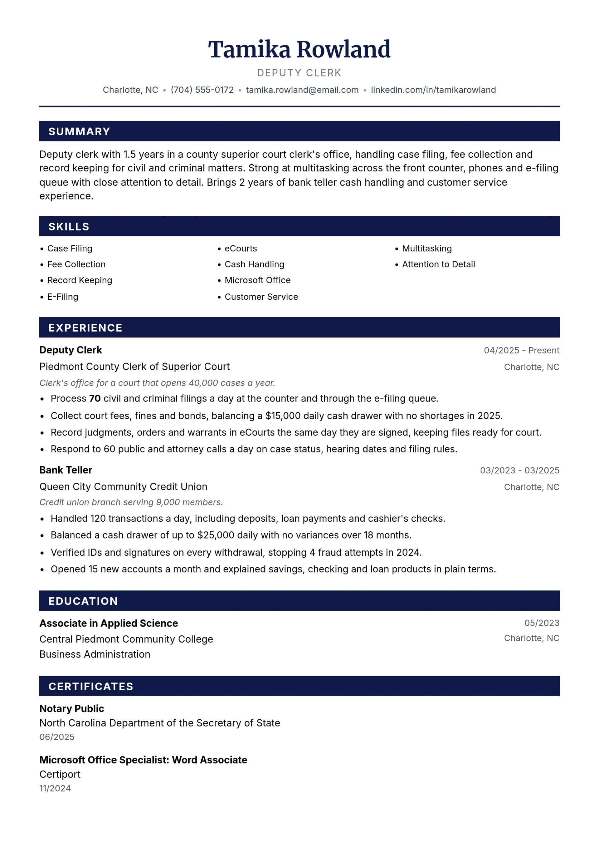 Deputy Clerk resume example