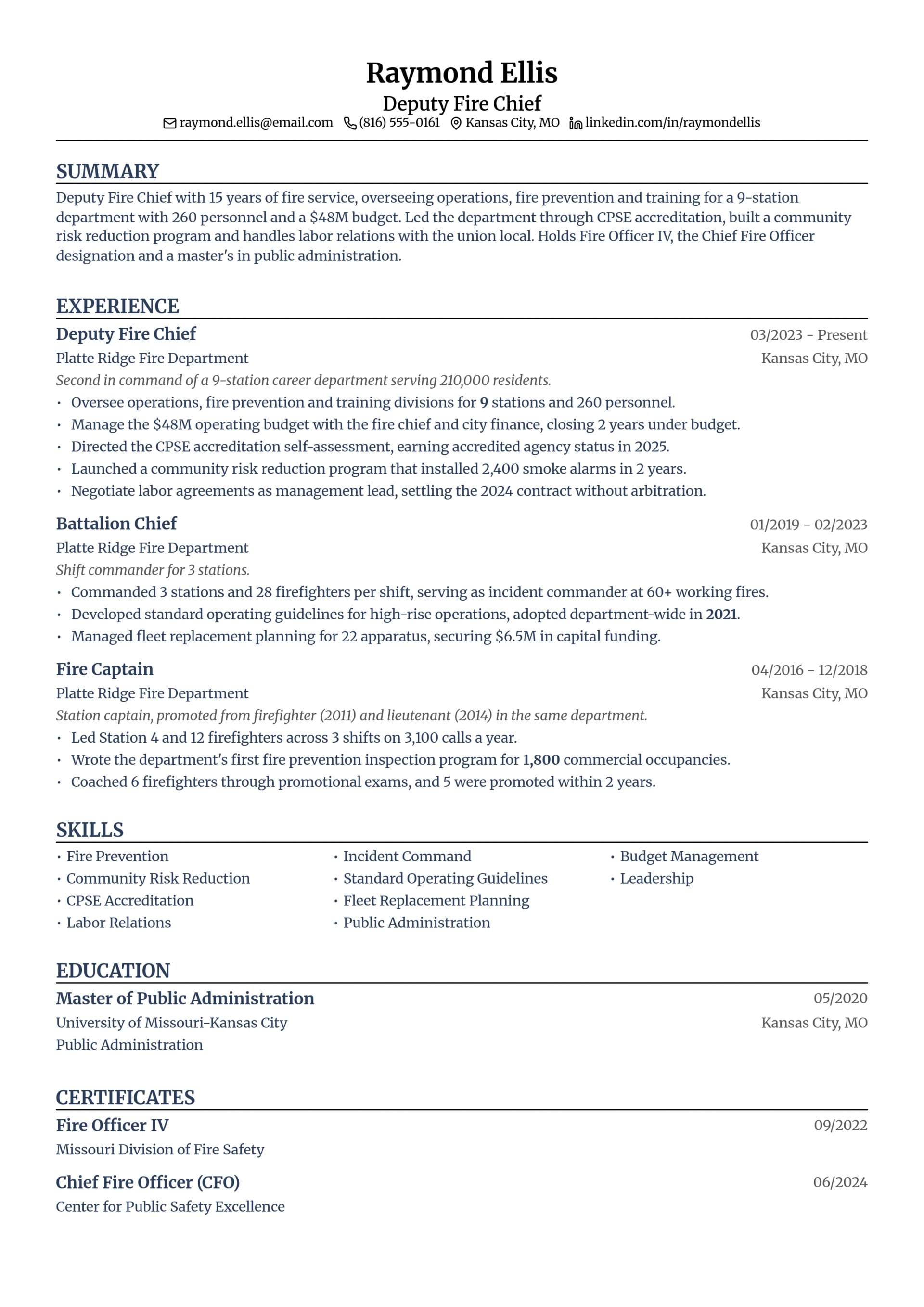 Deputy Fire Chief resume example
