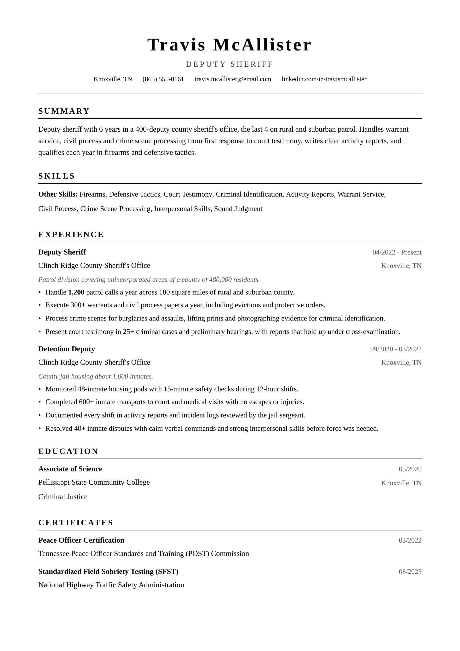 Deputy Sheriff resume example