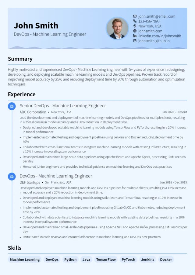DevOps - Machine Learning Engineer resume example
