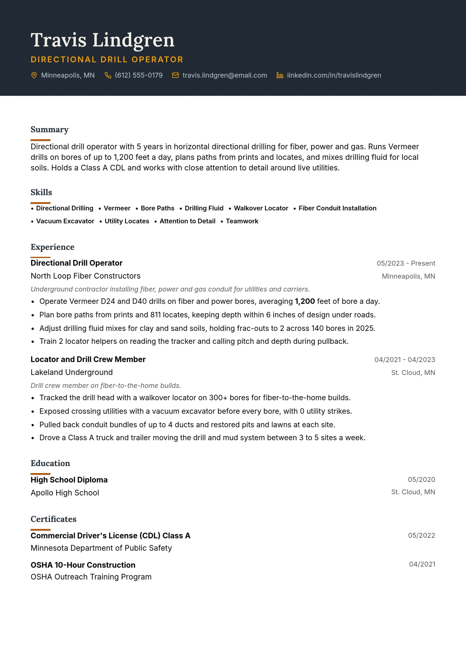 Directional Drill Operator resume example