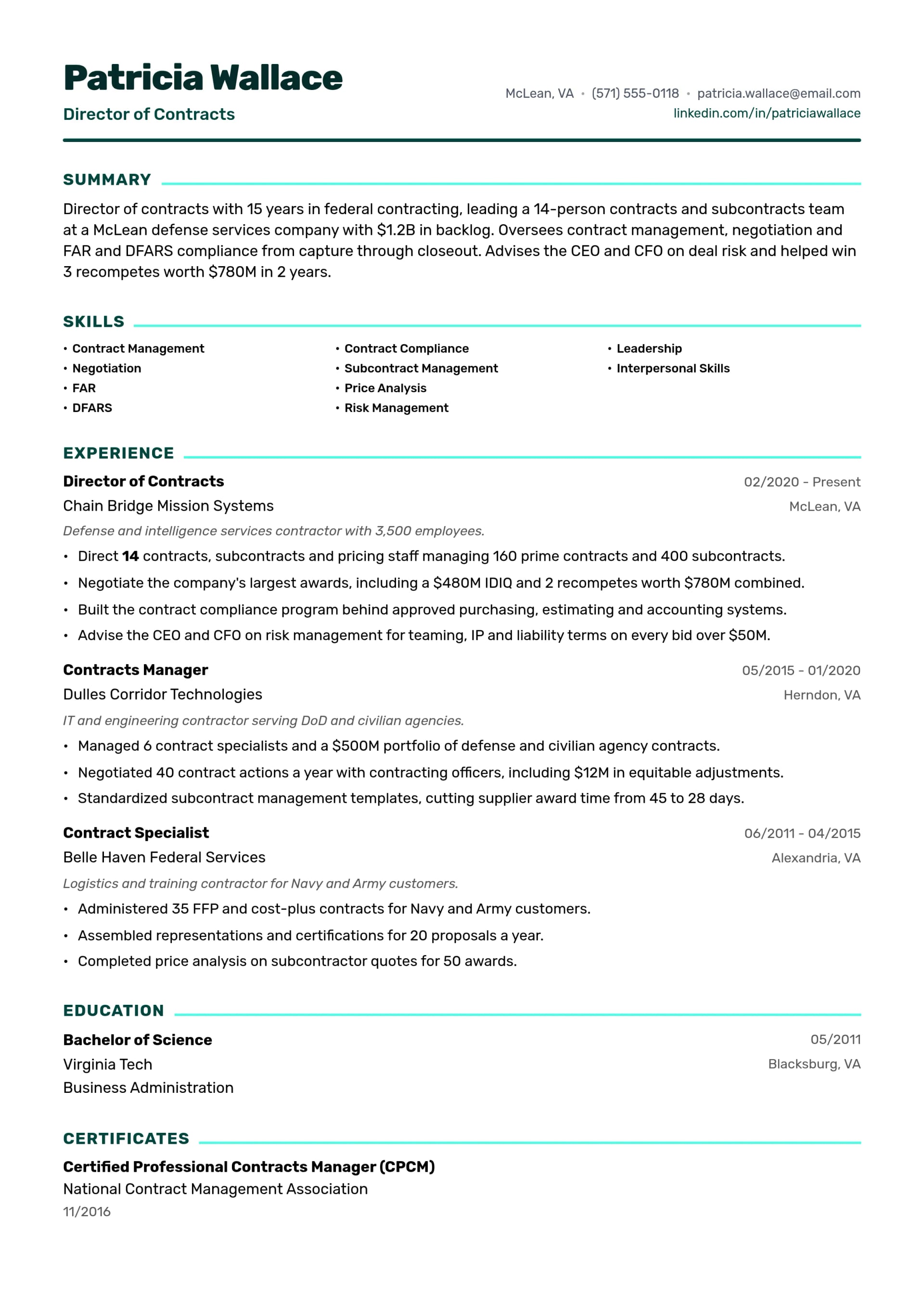 Director of Contracts resume example
