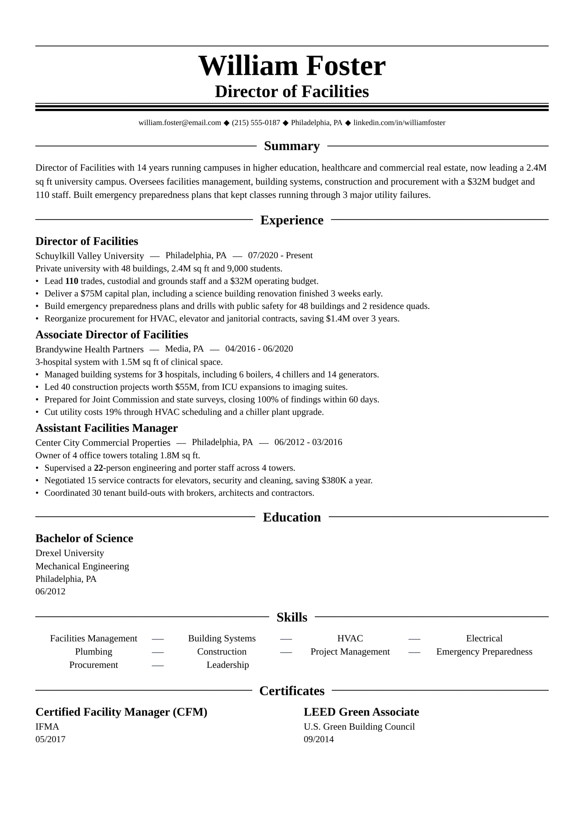 Director of Facilities resume example