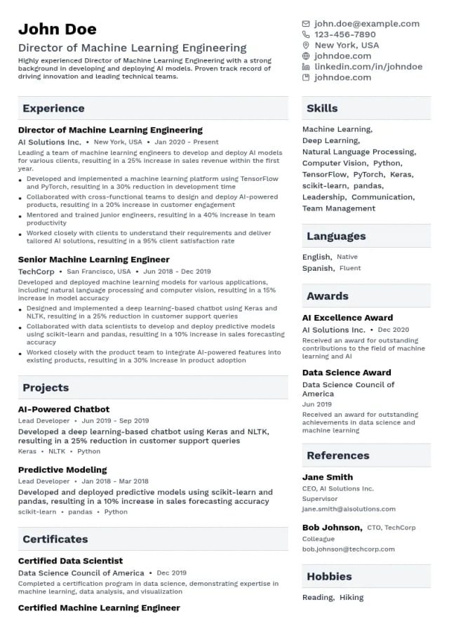 Director of Machine Learning Engineering resume example