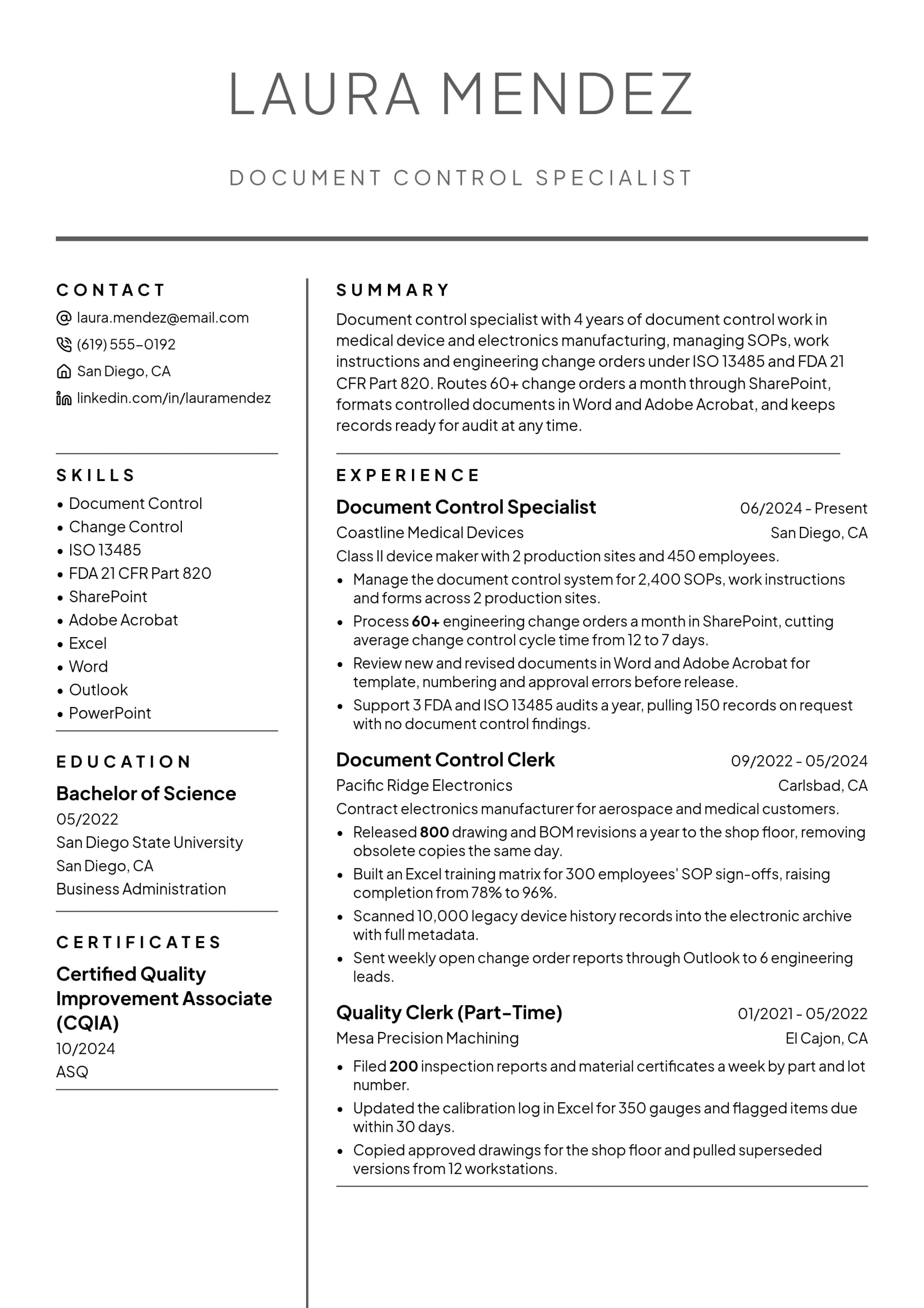 Document Control Specialist resume example