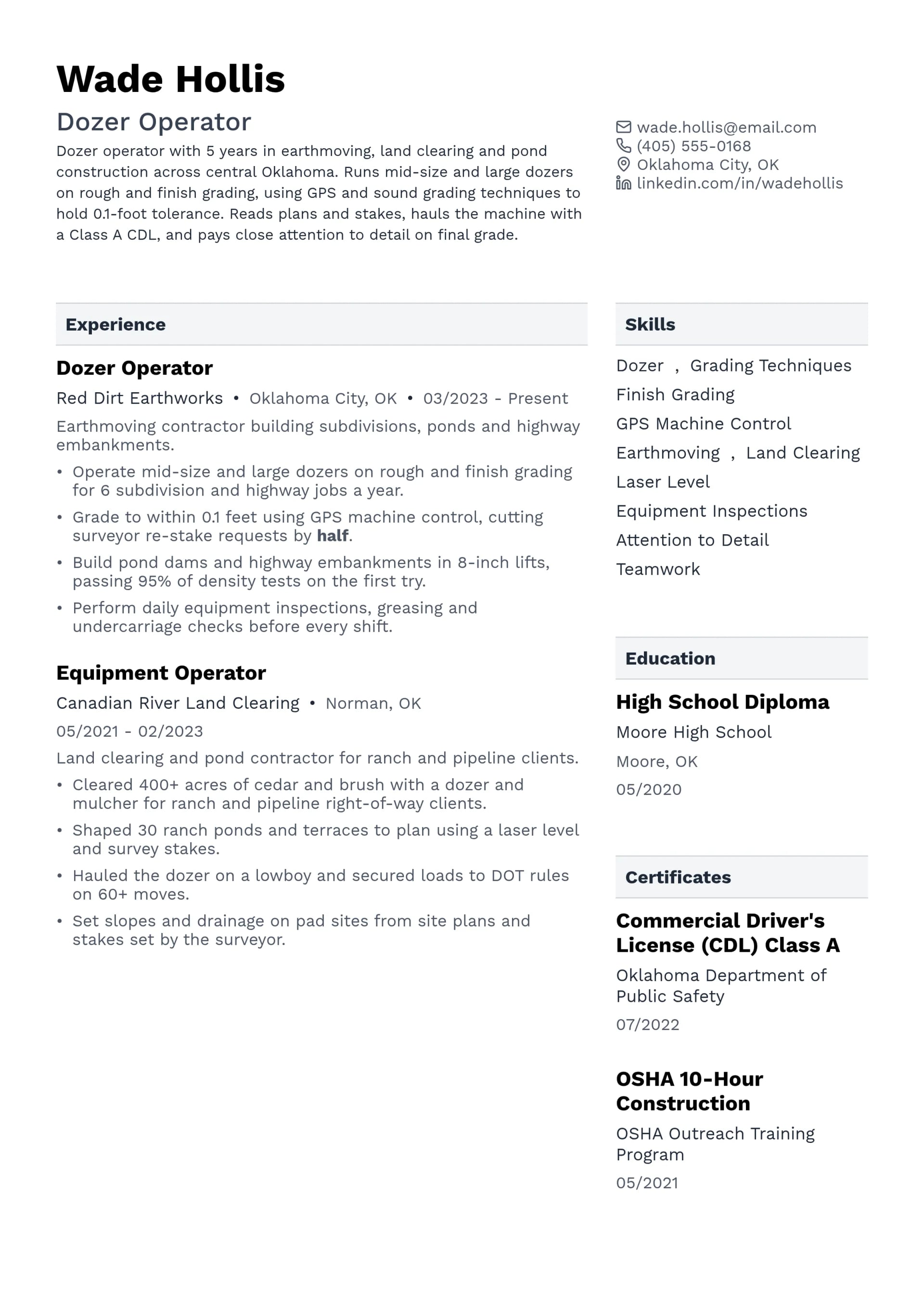Dozer Operator resume example