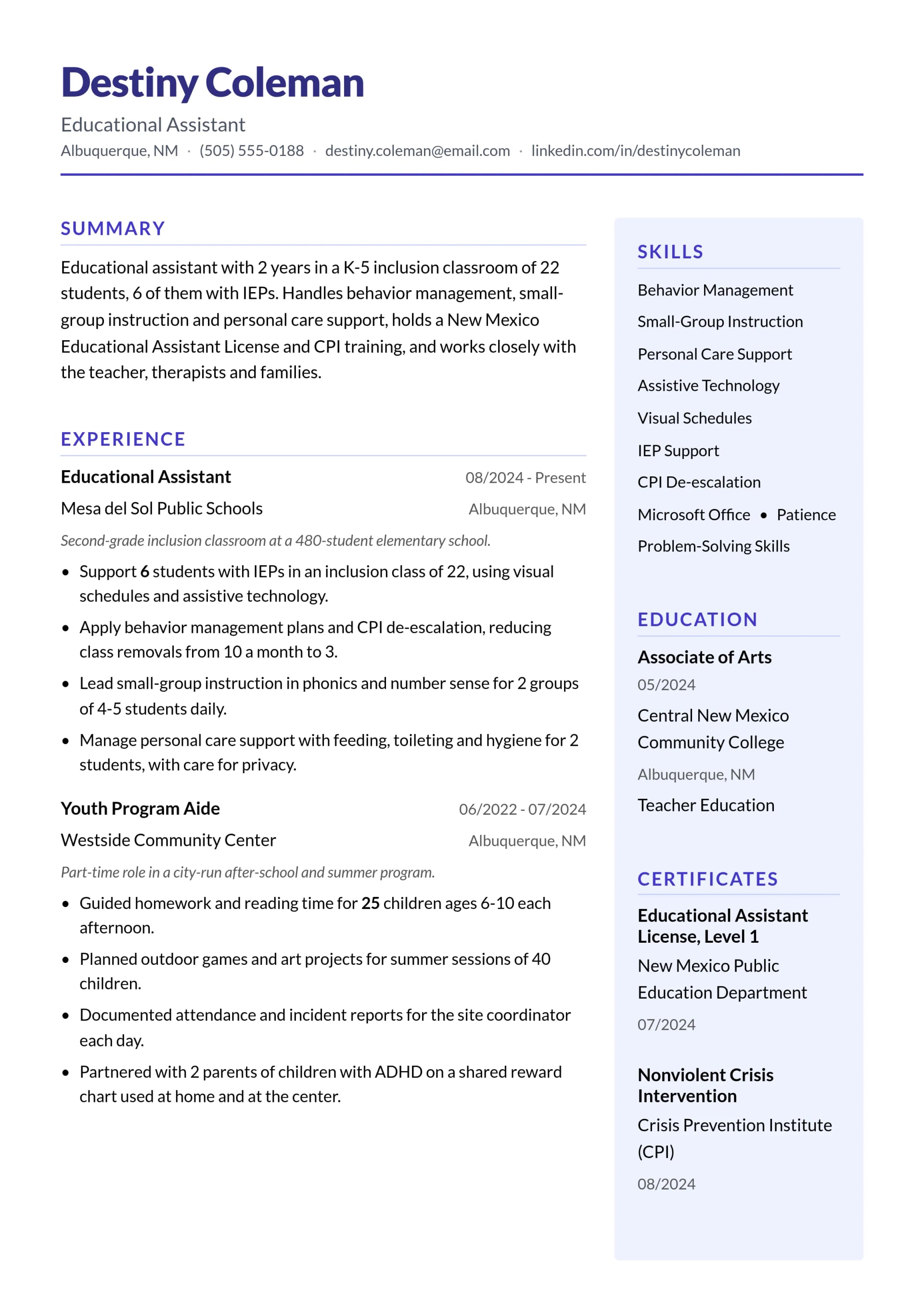 Educational Assistant resume example
