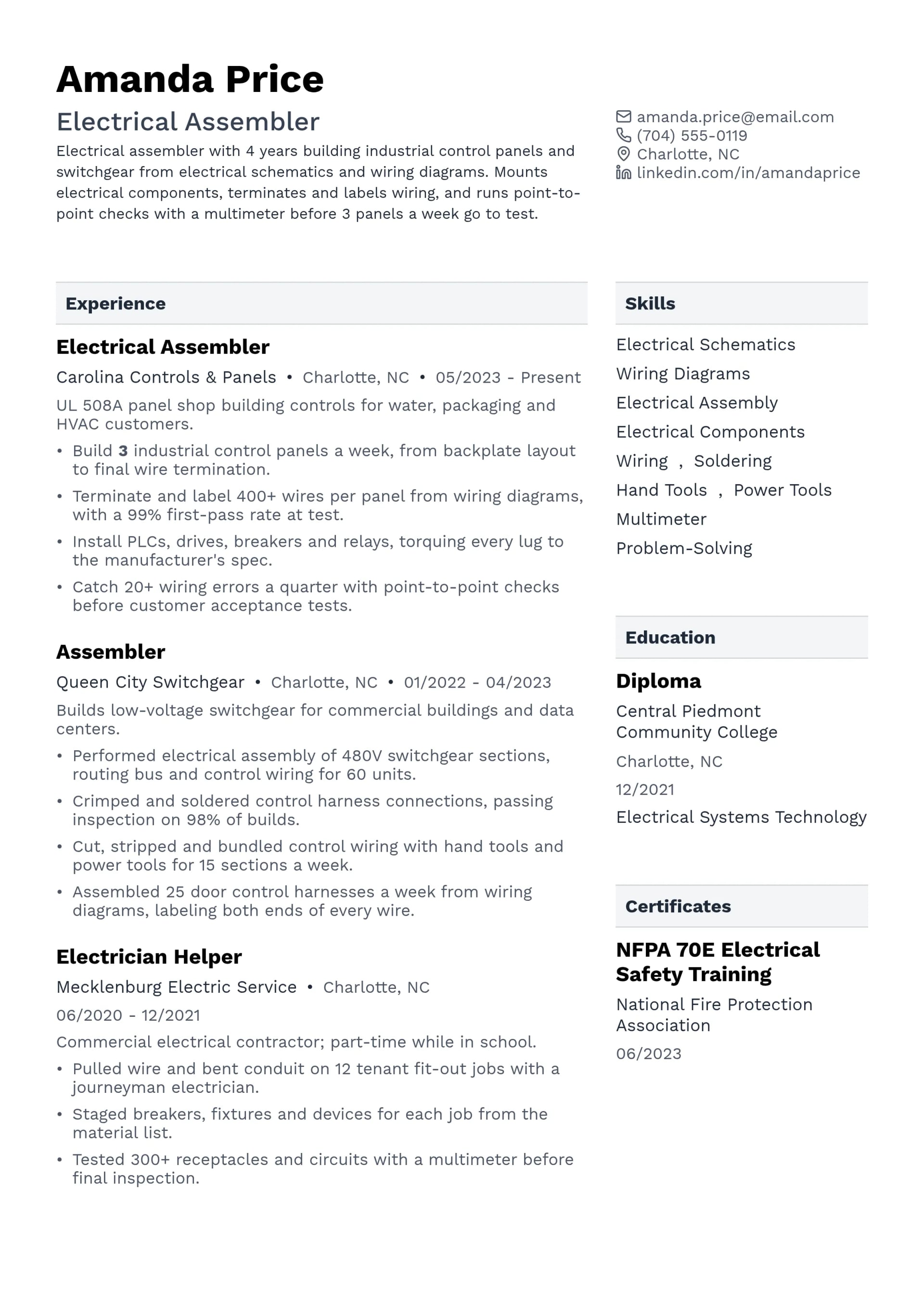 Electrical Assembler resume example
