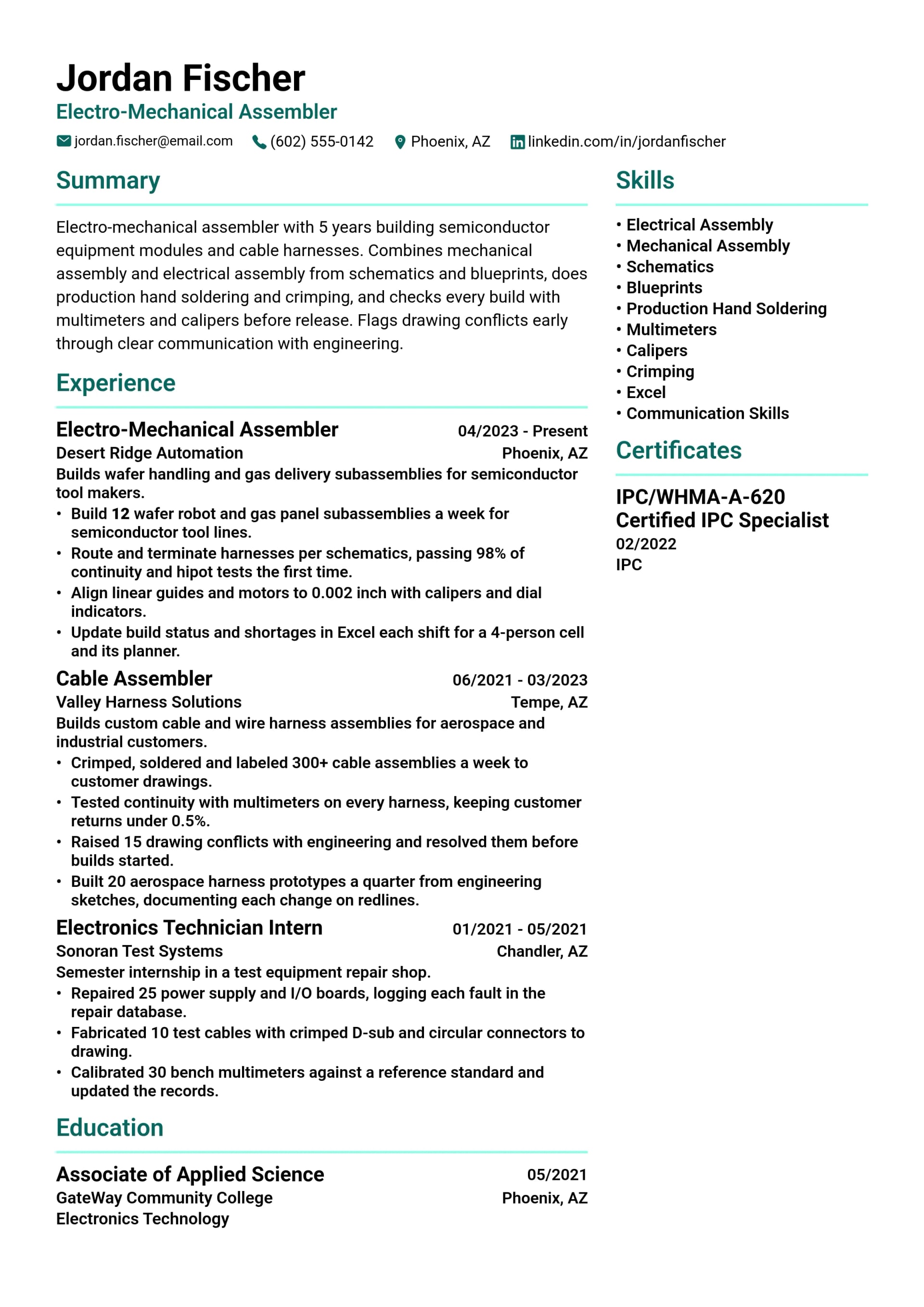 Electro-Mechanical Assembler resume example