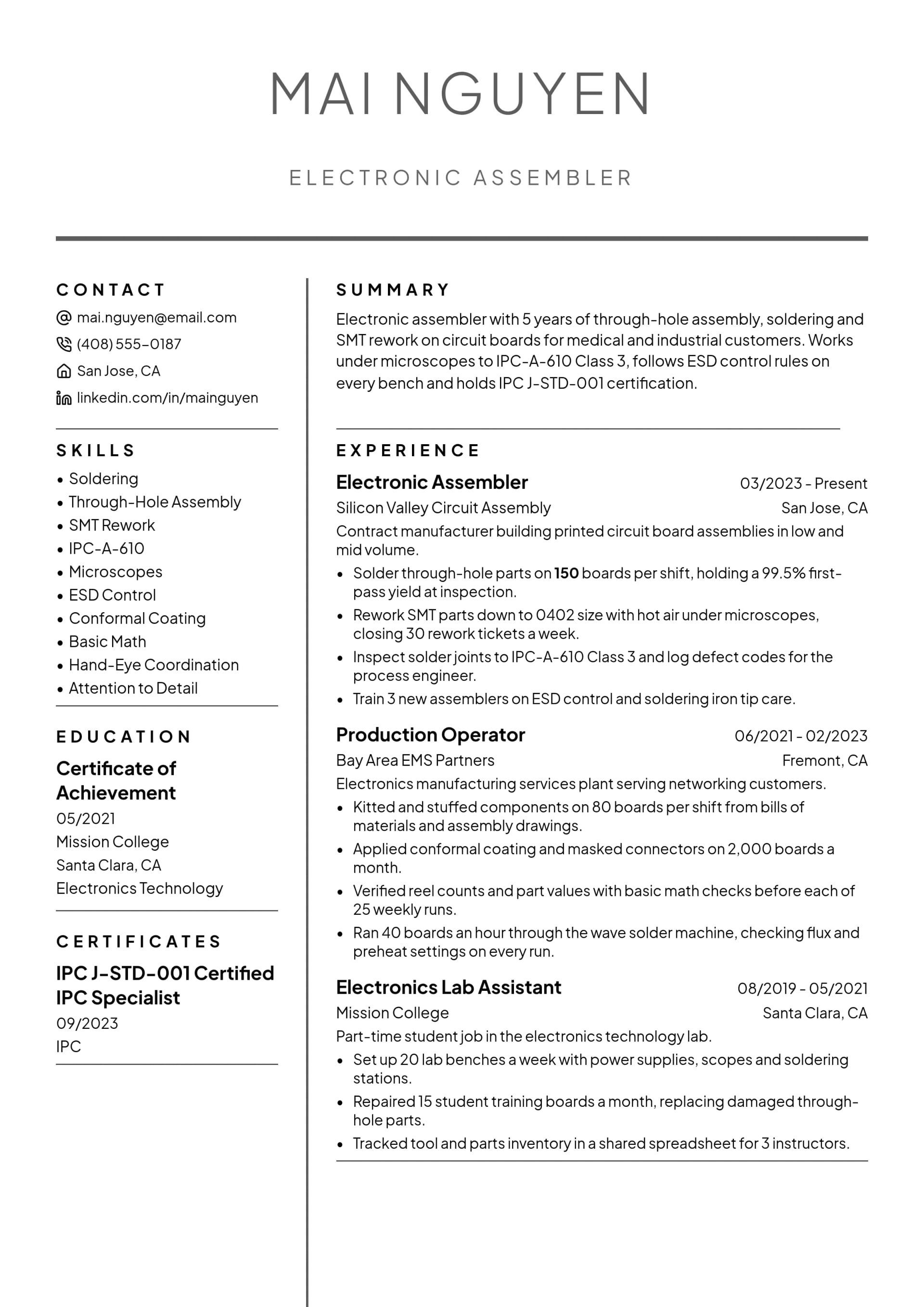 Electronic Assembler resume example
