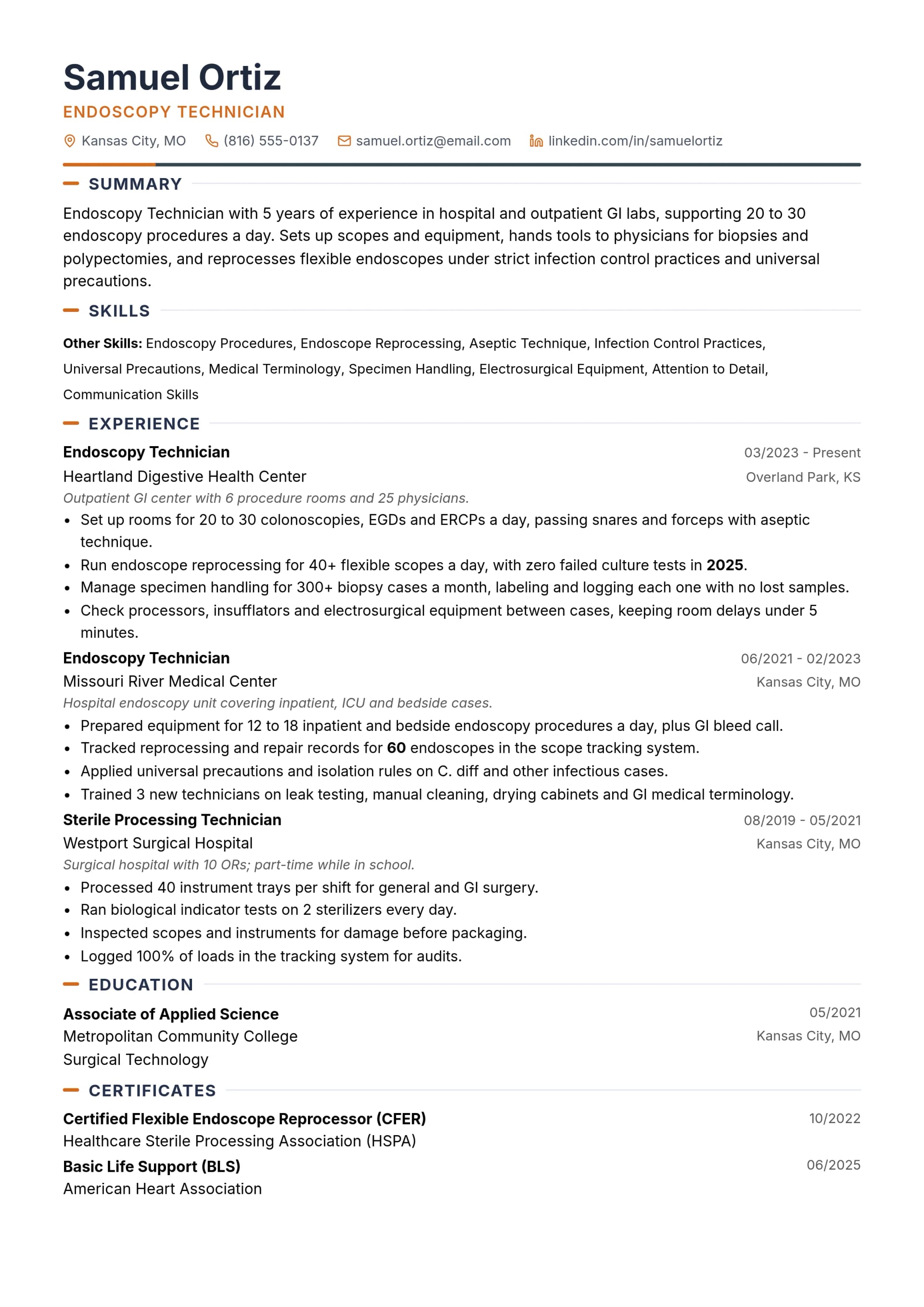 Endoscopy Technician resume example