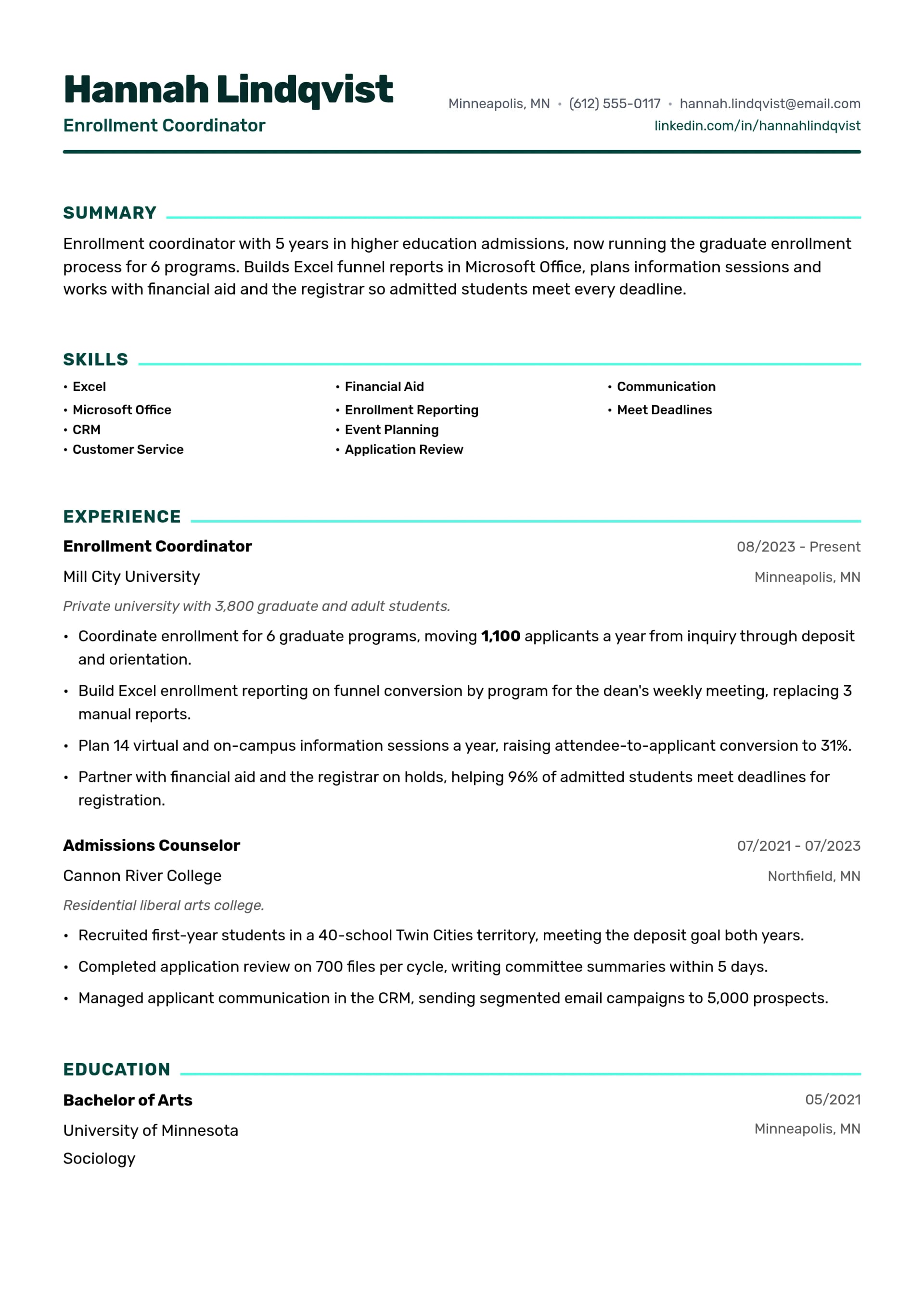 Enrollment Coordinator resume example