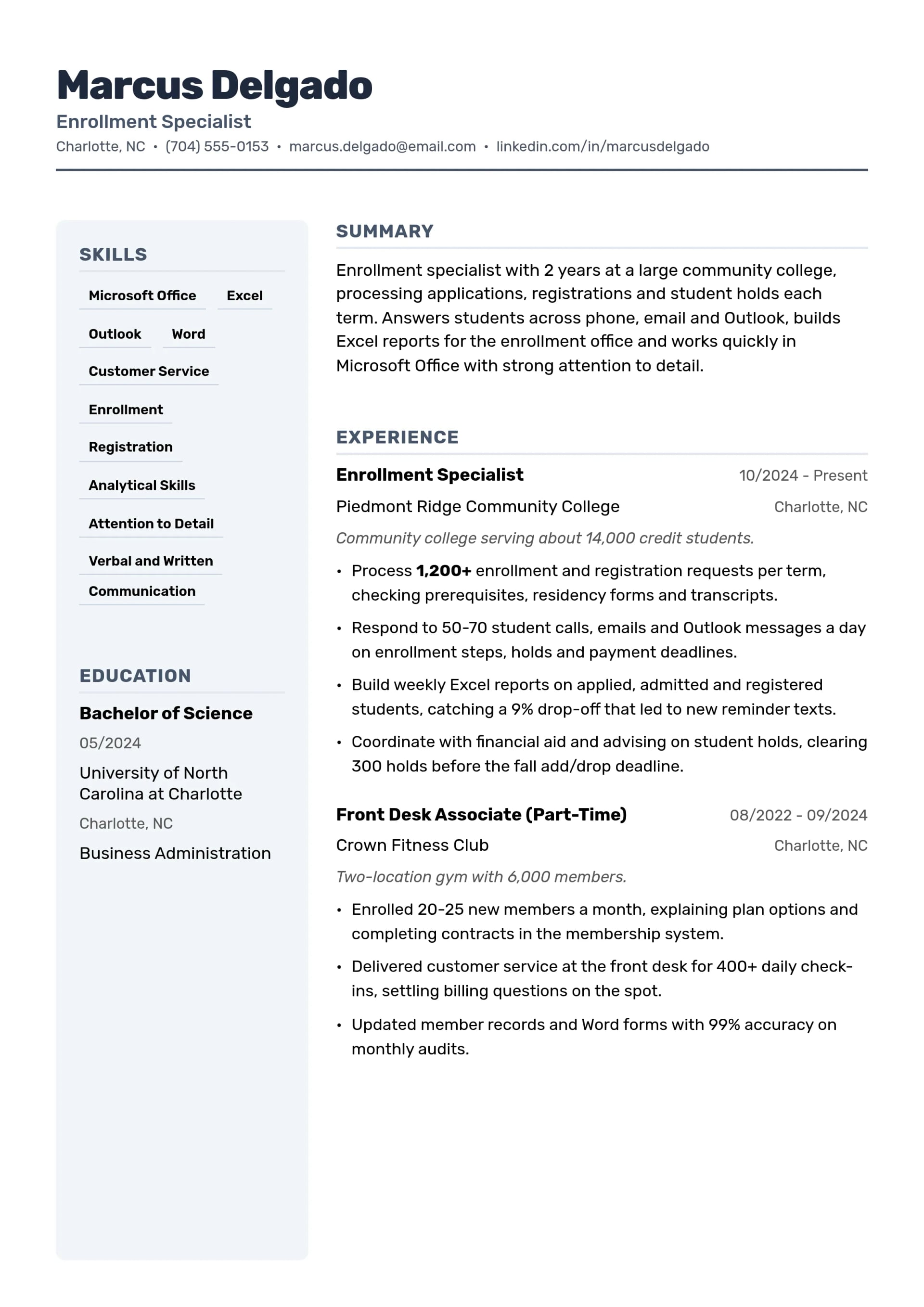 Enrollment Specialist resume example