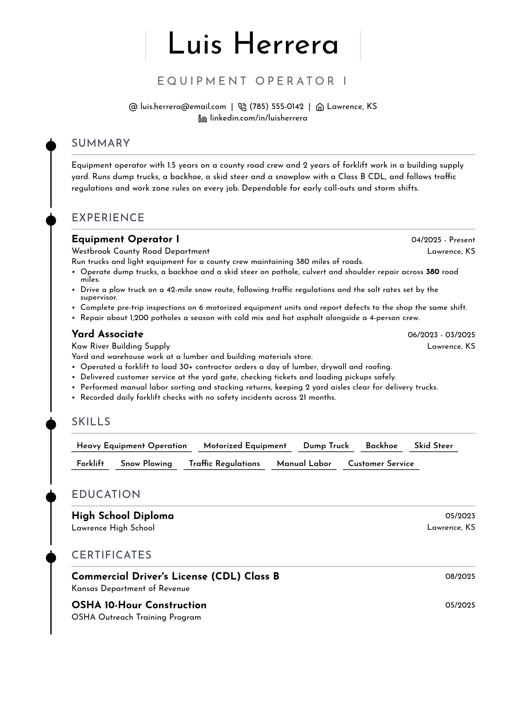 Equipment Operator I resume example