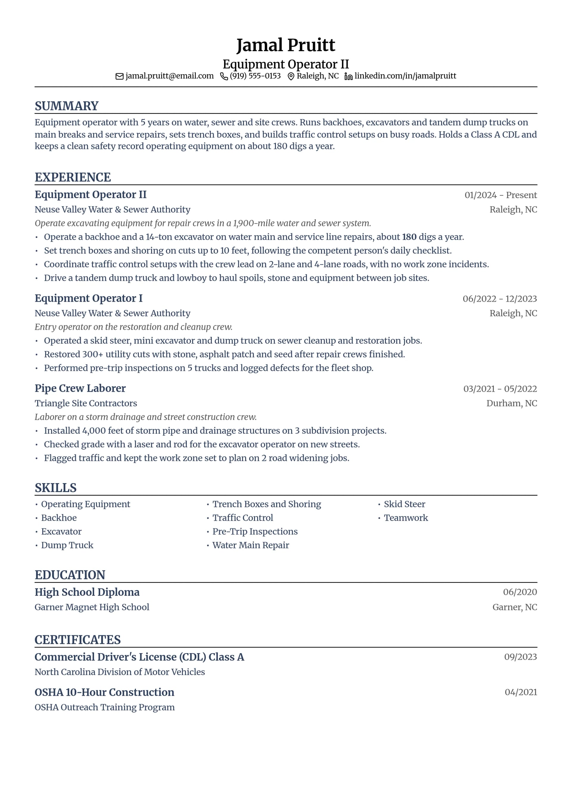 Equipment Operator II resume example