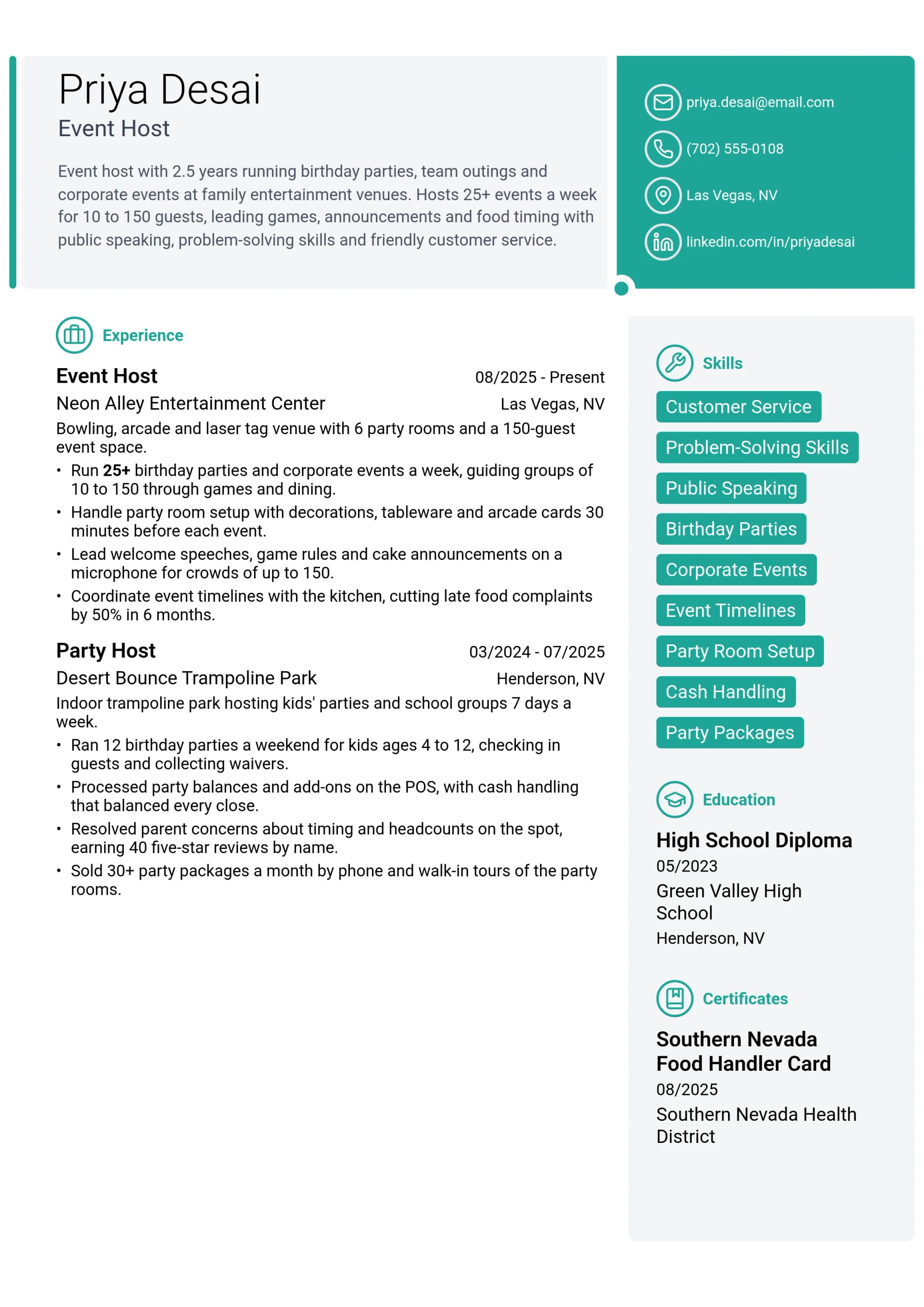 Event Host resume example