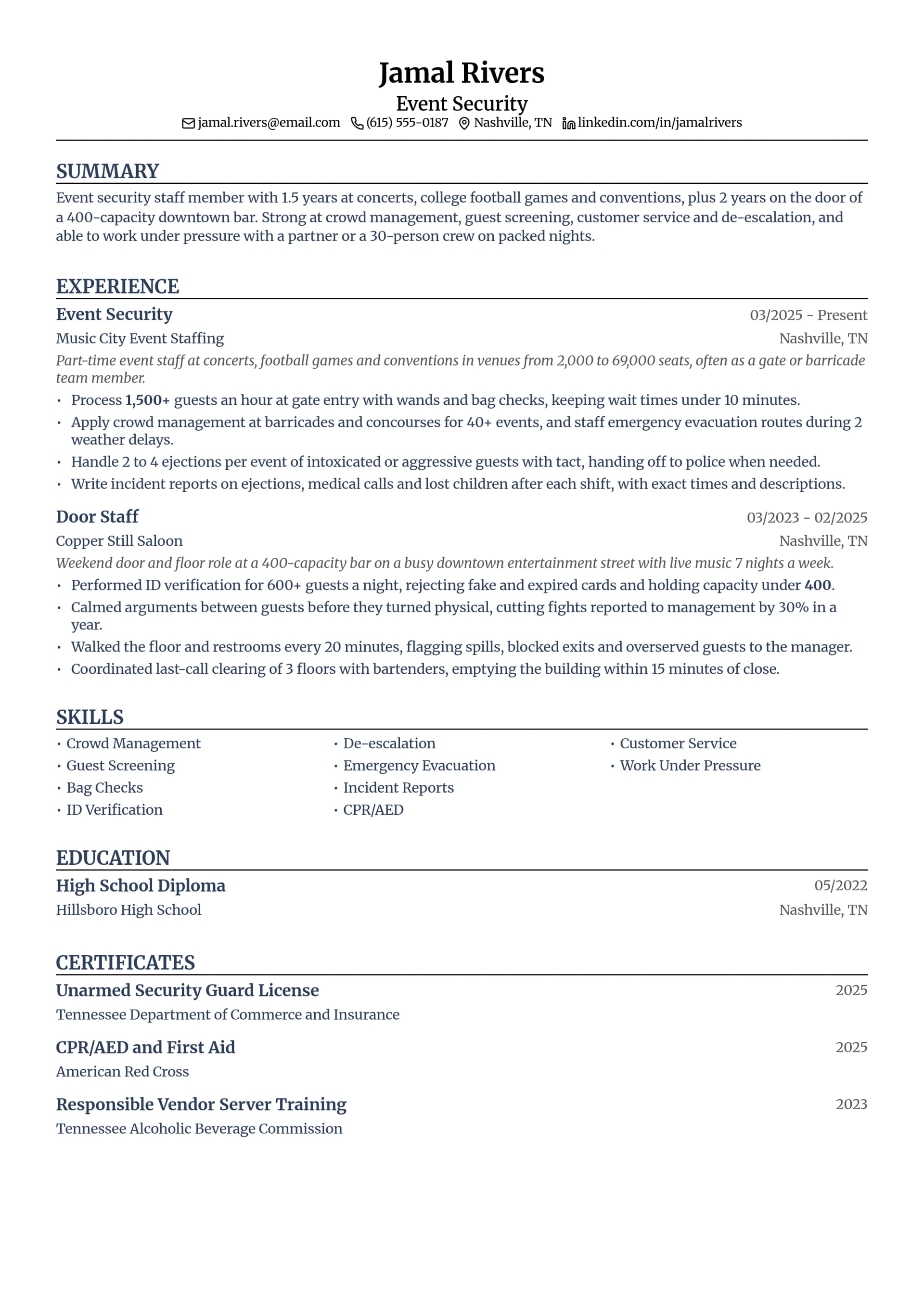 Event Security resume example