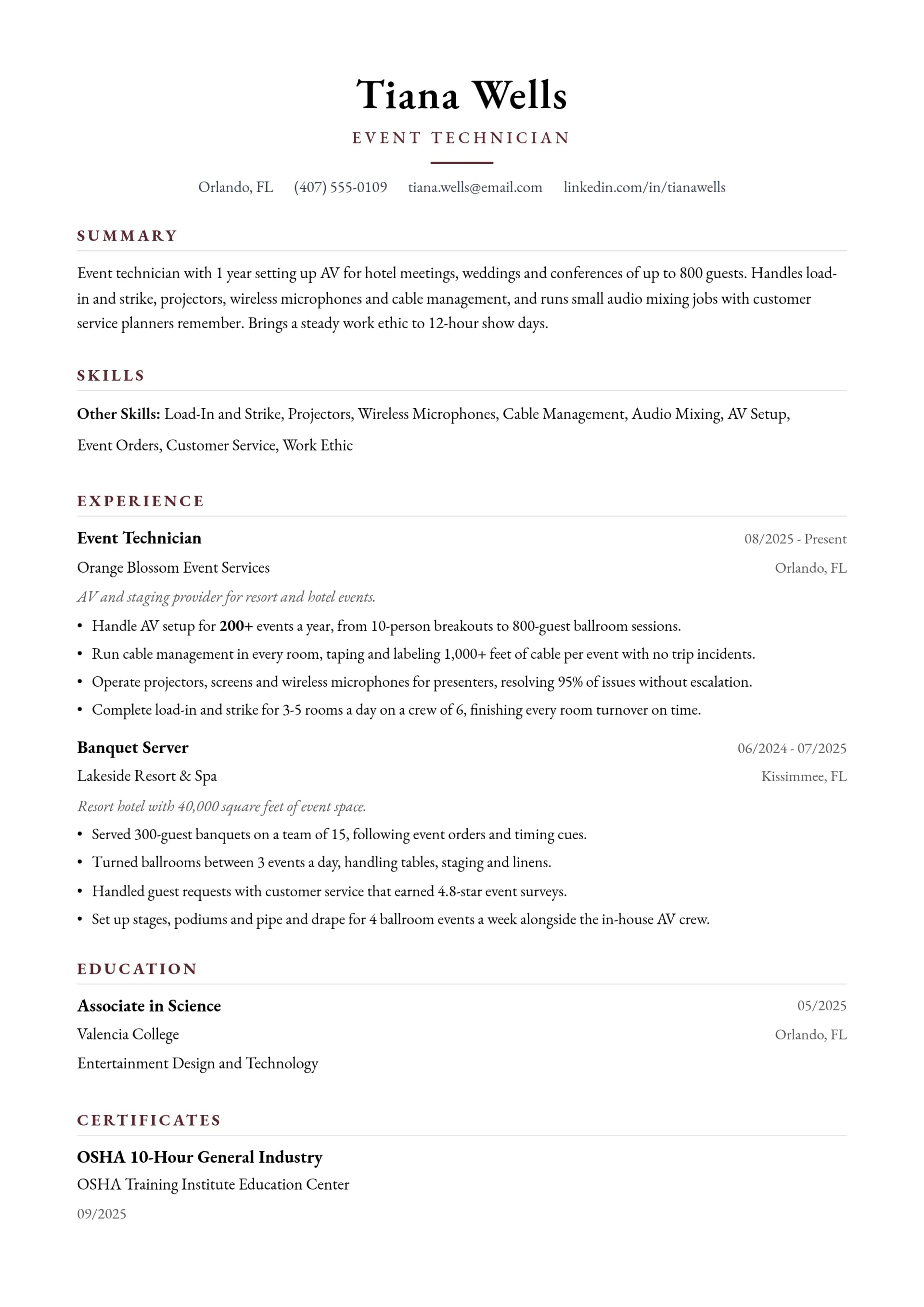 Event Technician resume example
