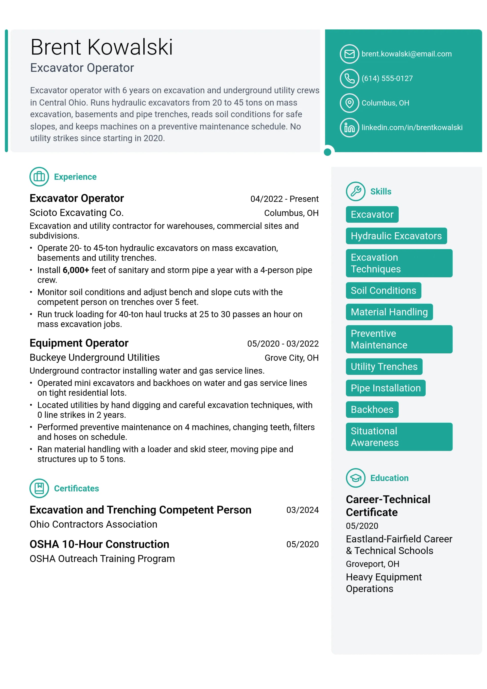 Excavator Operator resume example