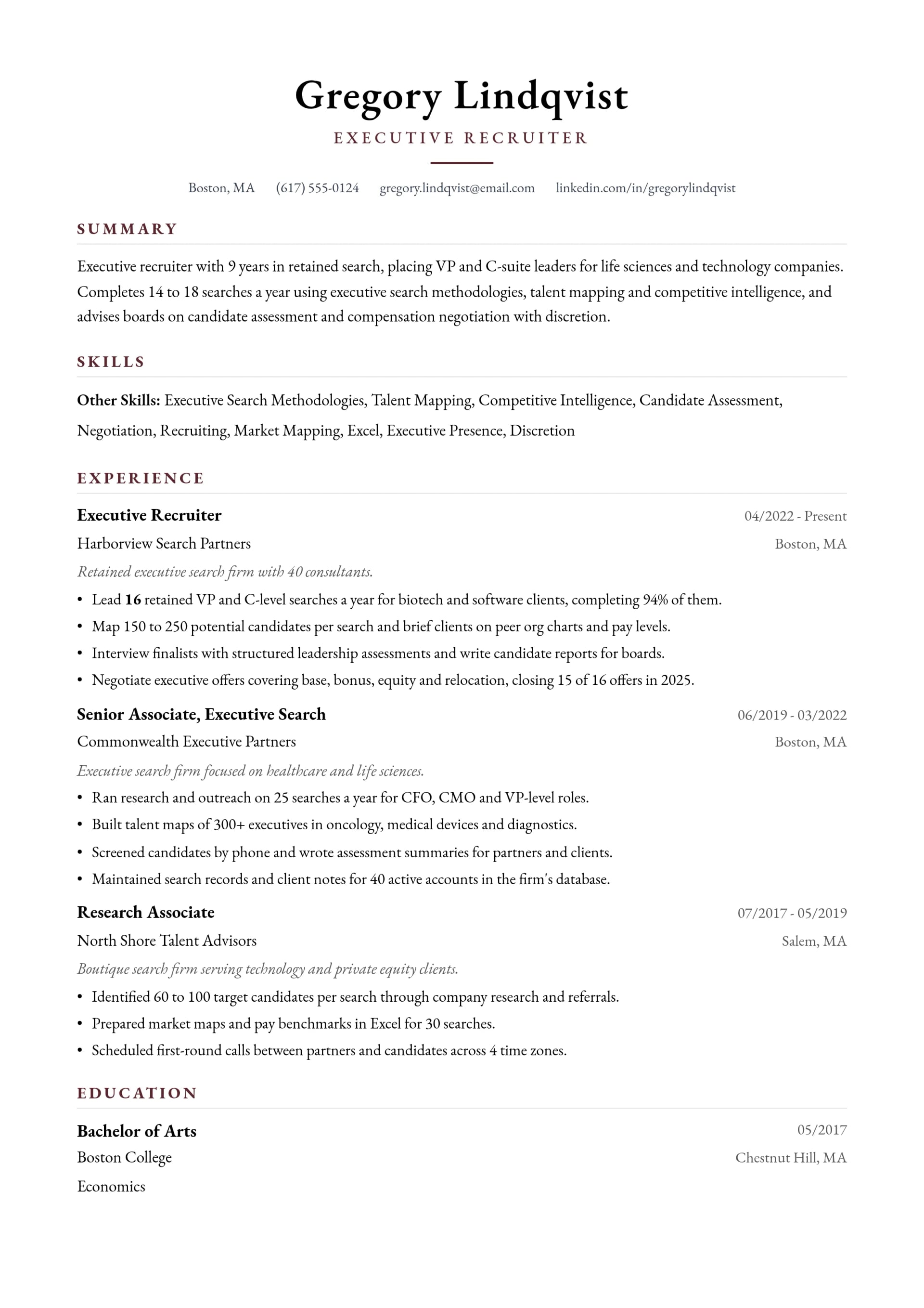 Executive Recruiter resume example