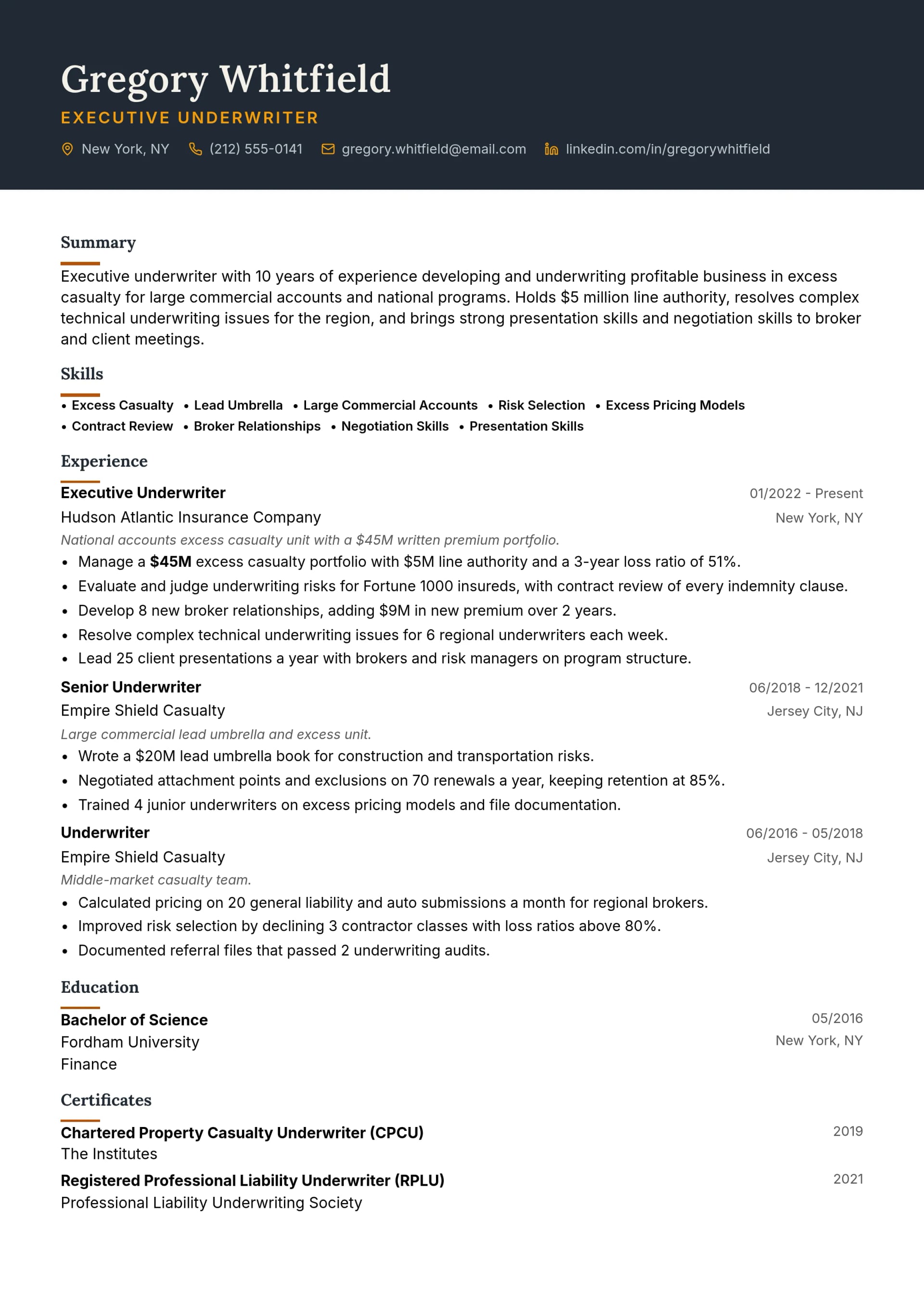 Executive Underwriter resume example