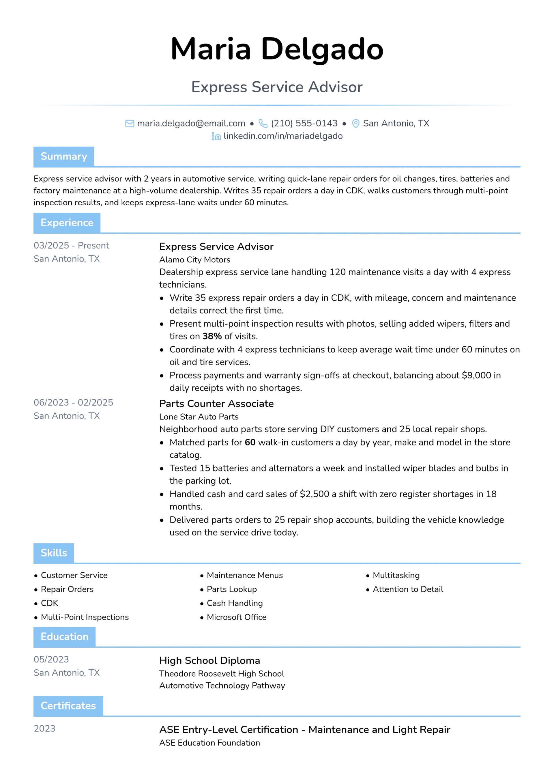 Express Service Advisor resume example