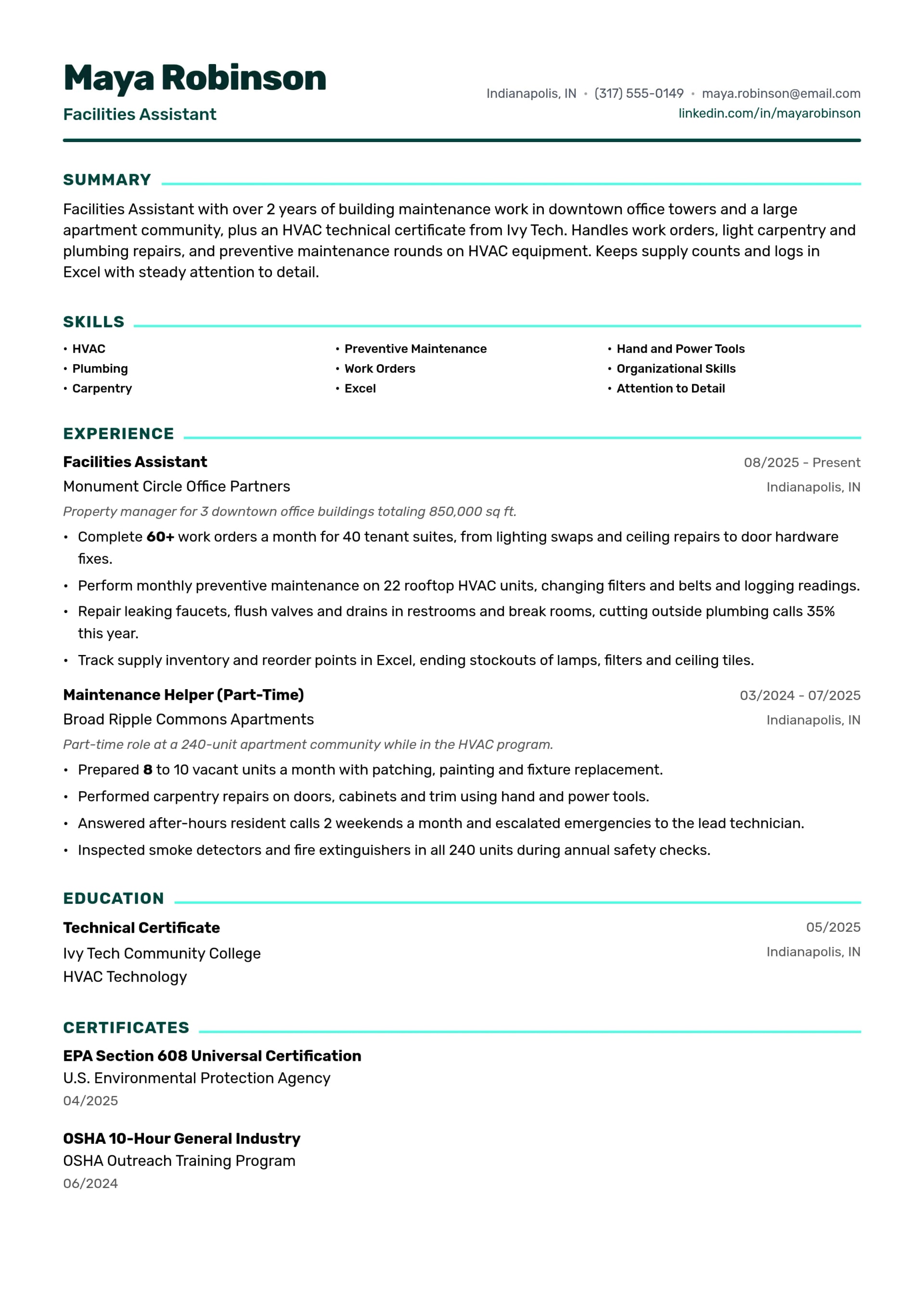 Facilities Assistant resume example