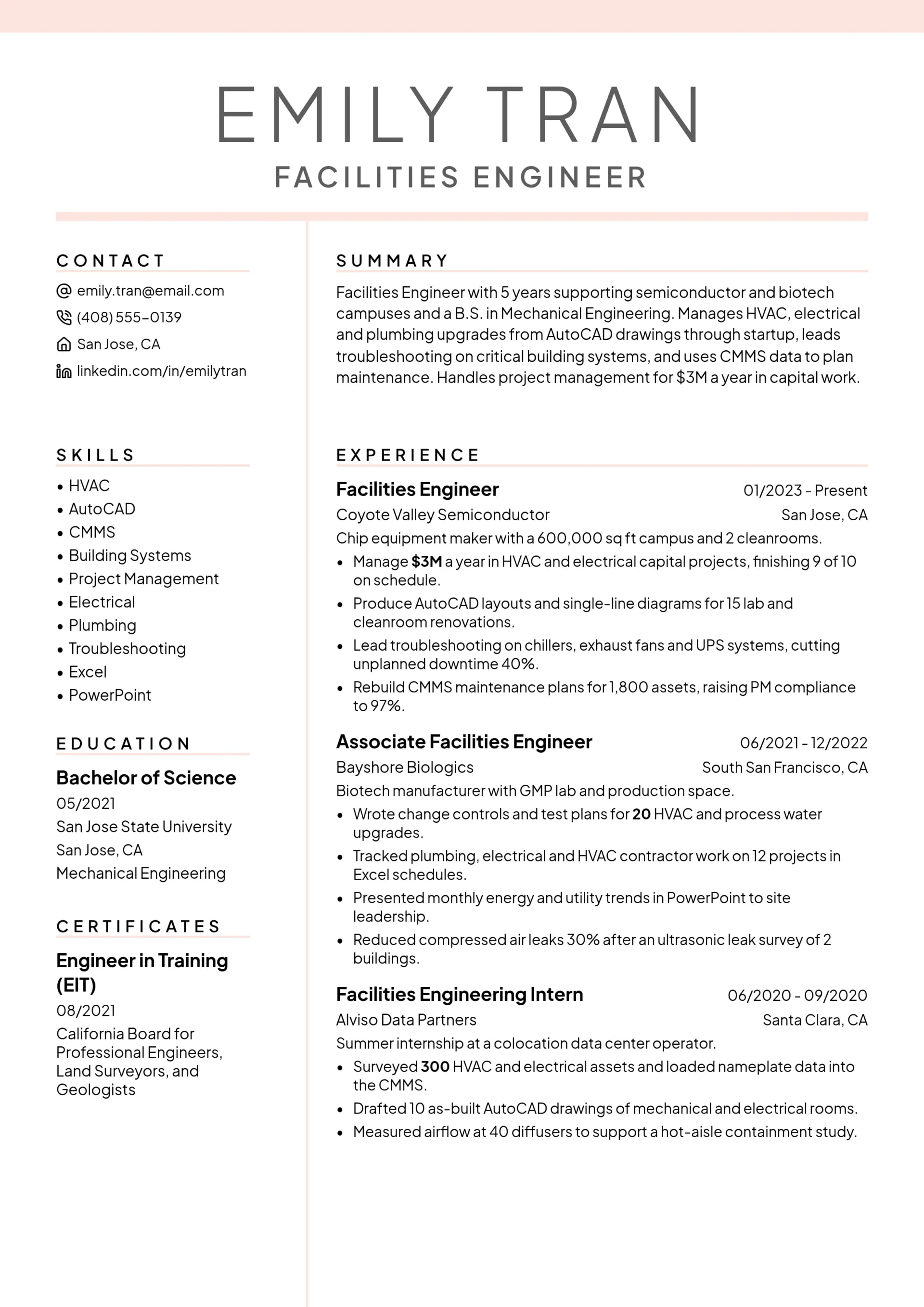 Facilities Engineer resume example