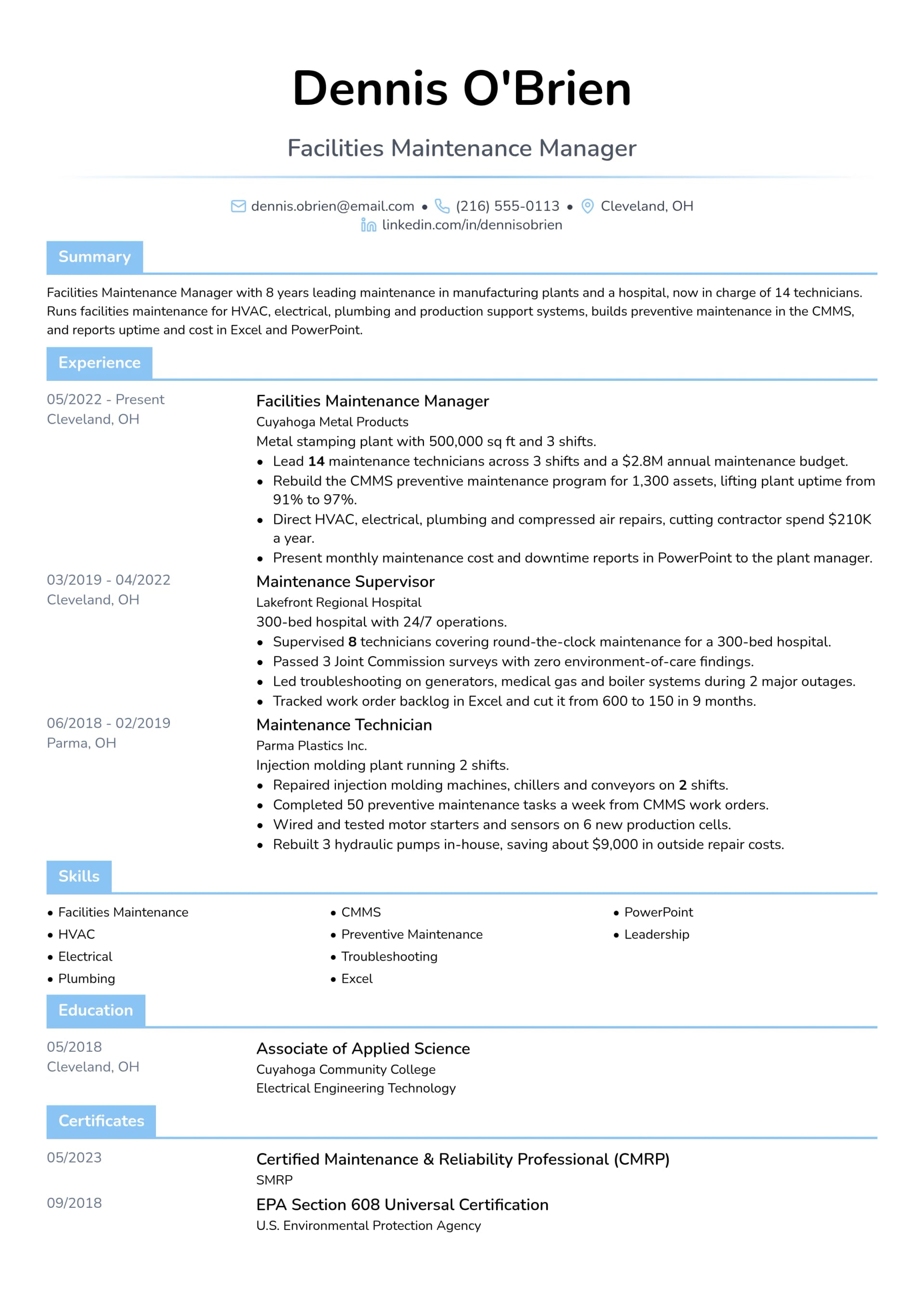 Facilities Maintenance Manager resume example