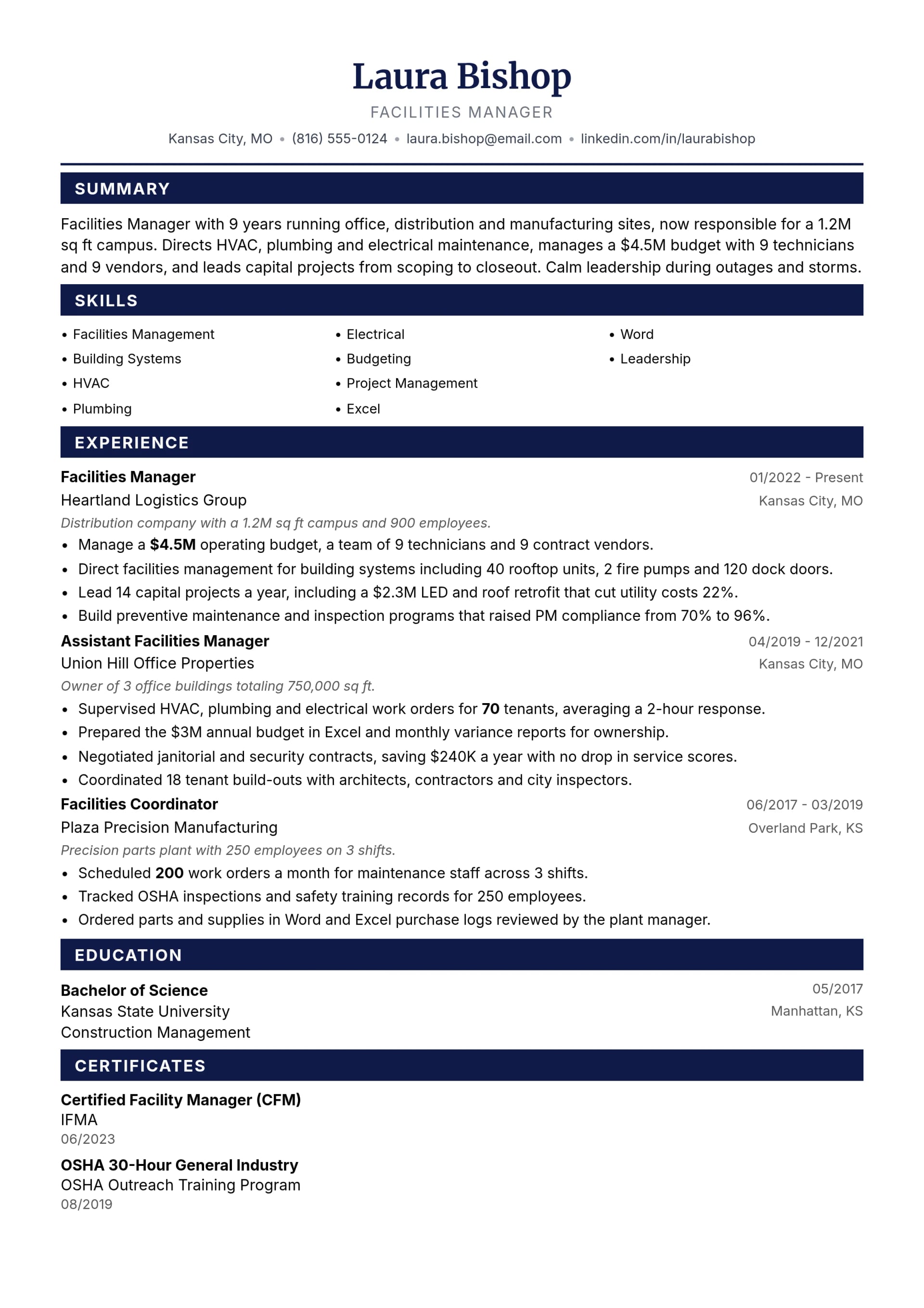 Facilities Manager resume example