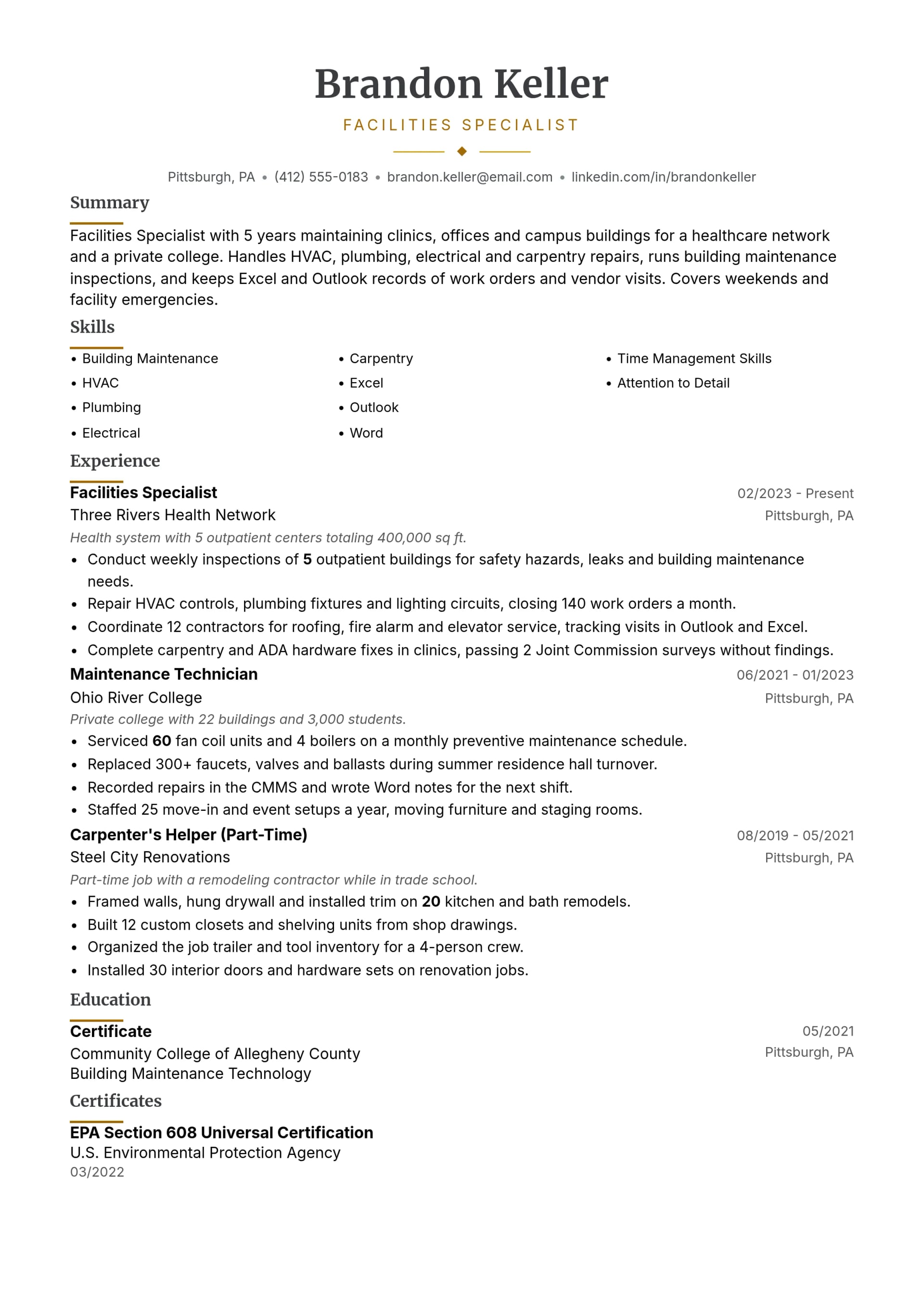 Facilities Specialist resume example