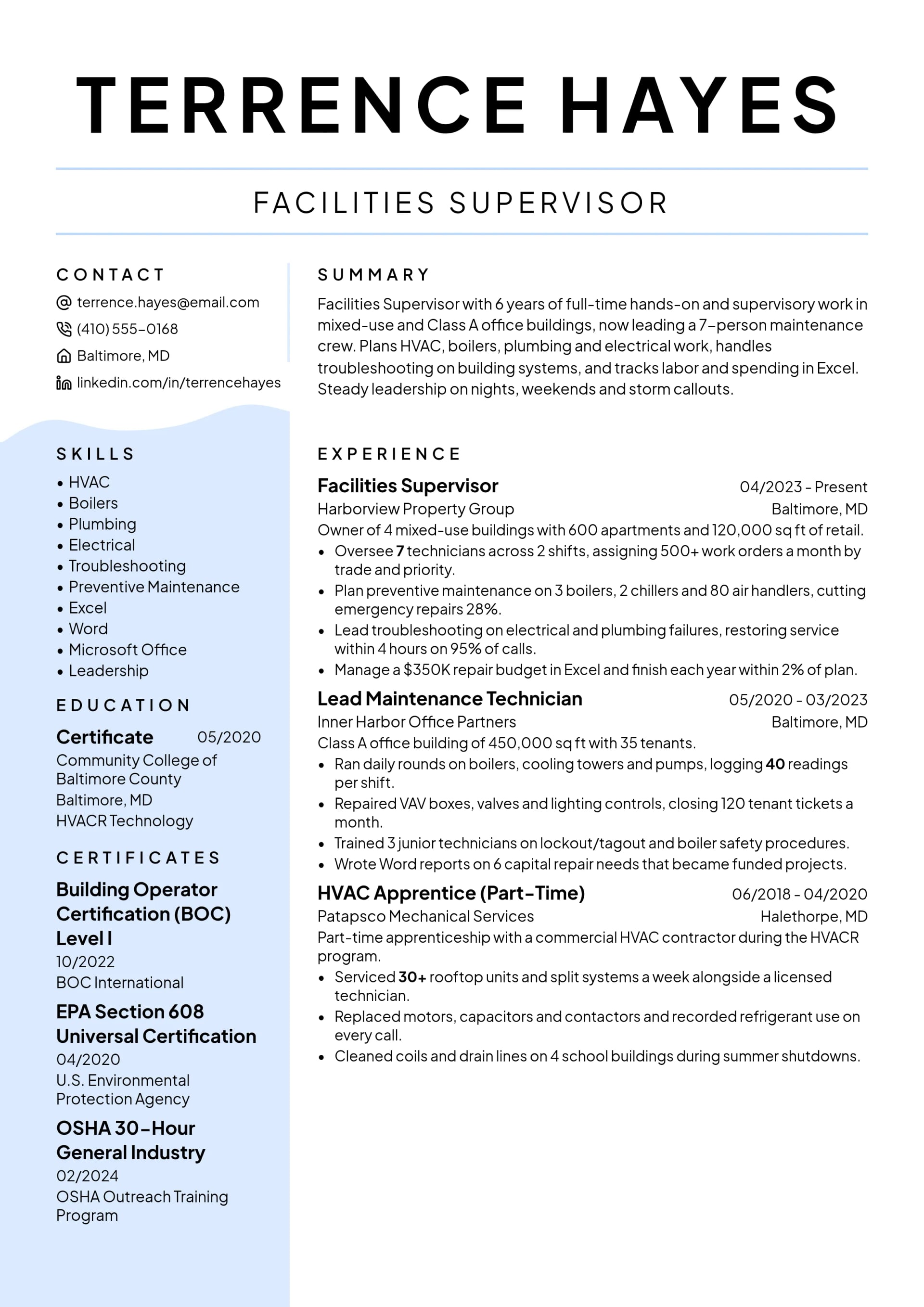 Facilities Supervisor resume example