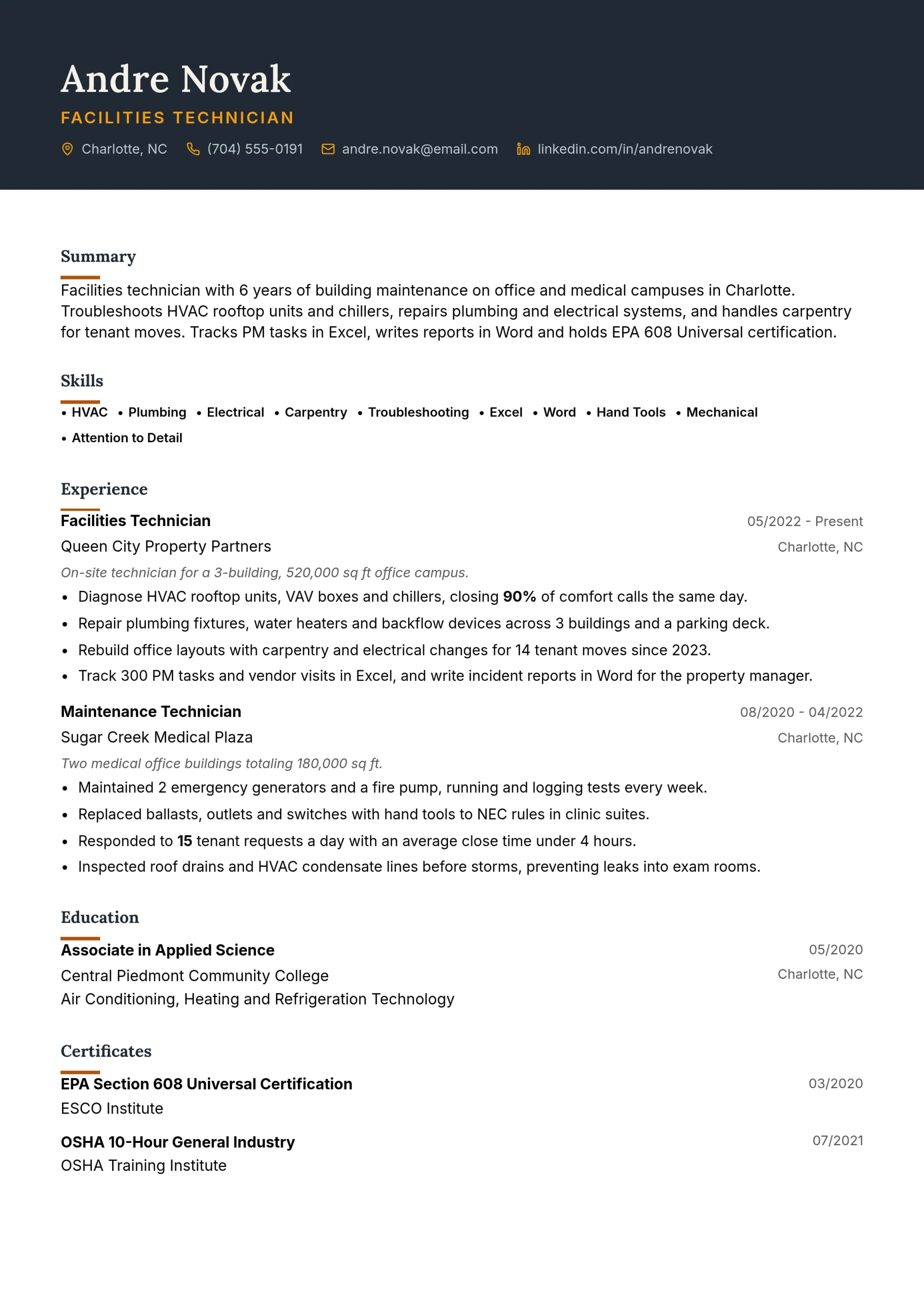Facilities Technician resume example