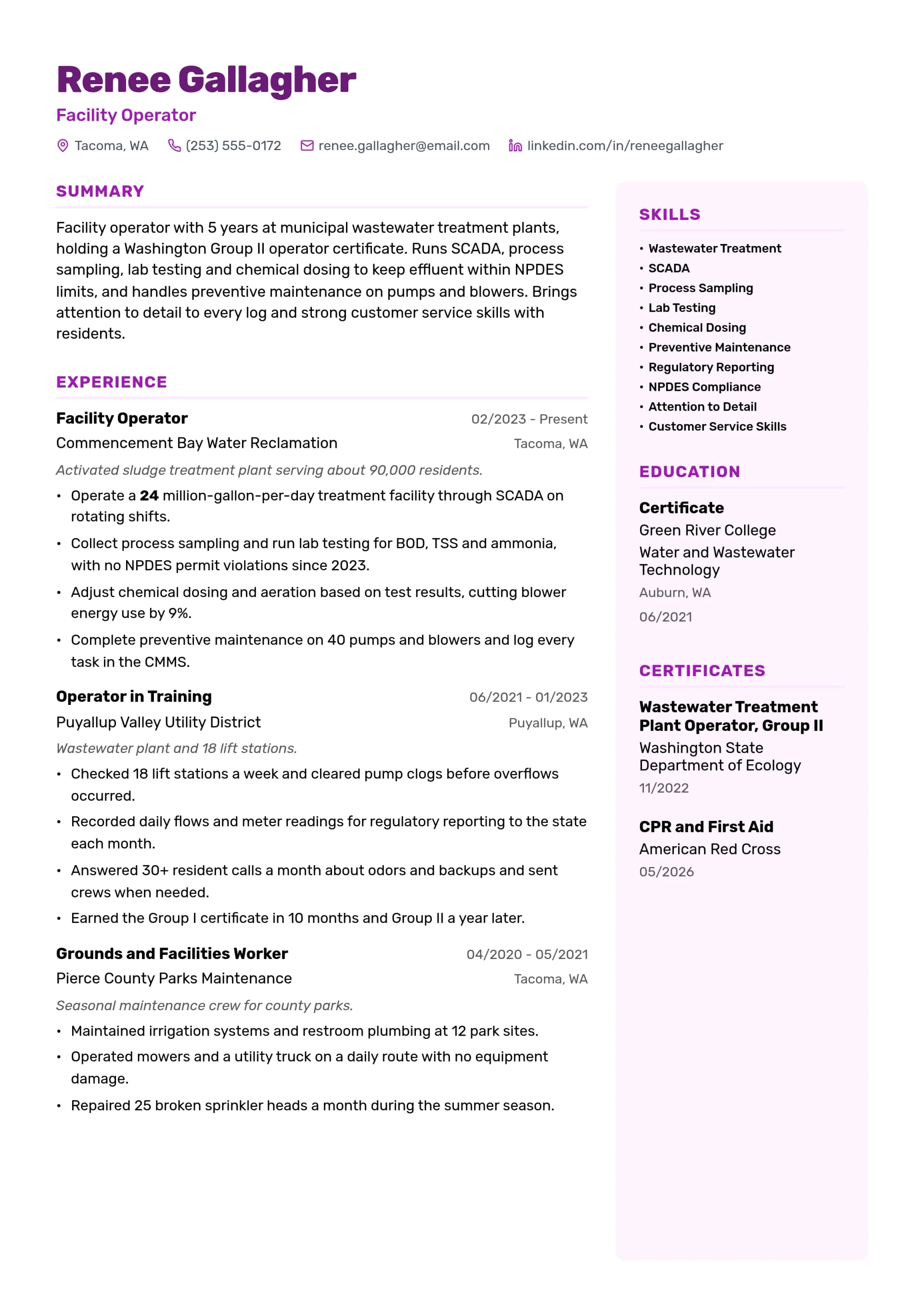 Facility Operator resume example