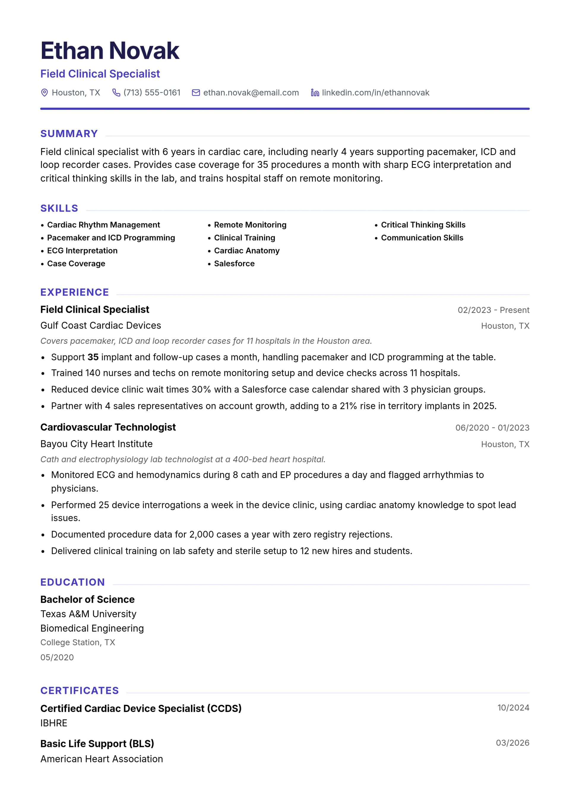 Field Clinical Specialist resume example