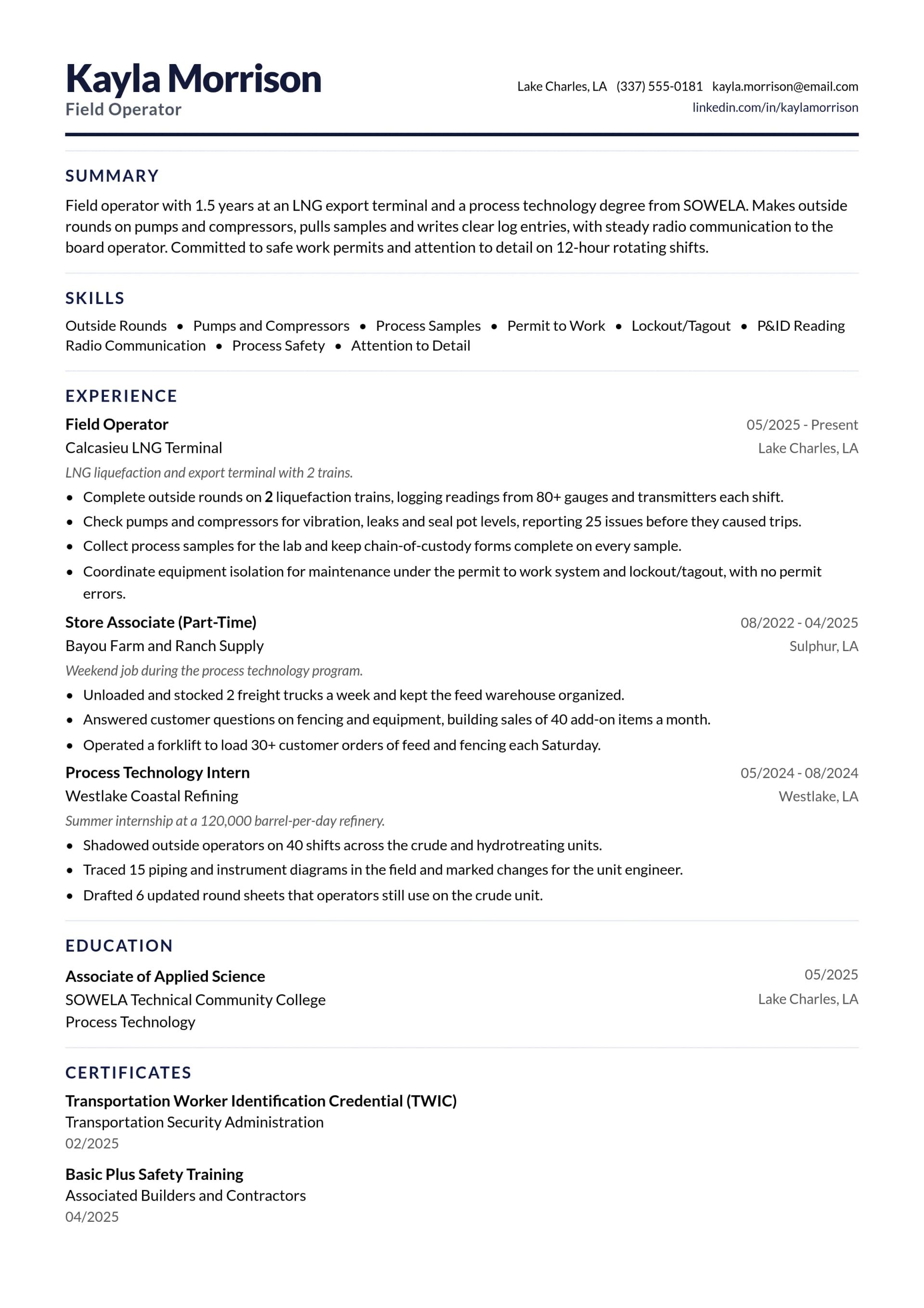 Field Operator resume example