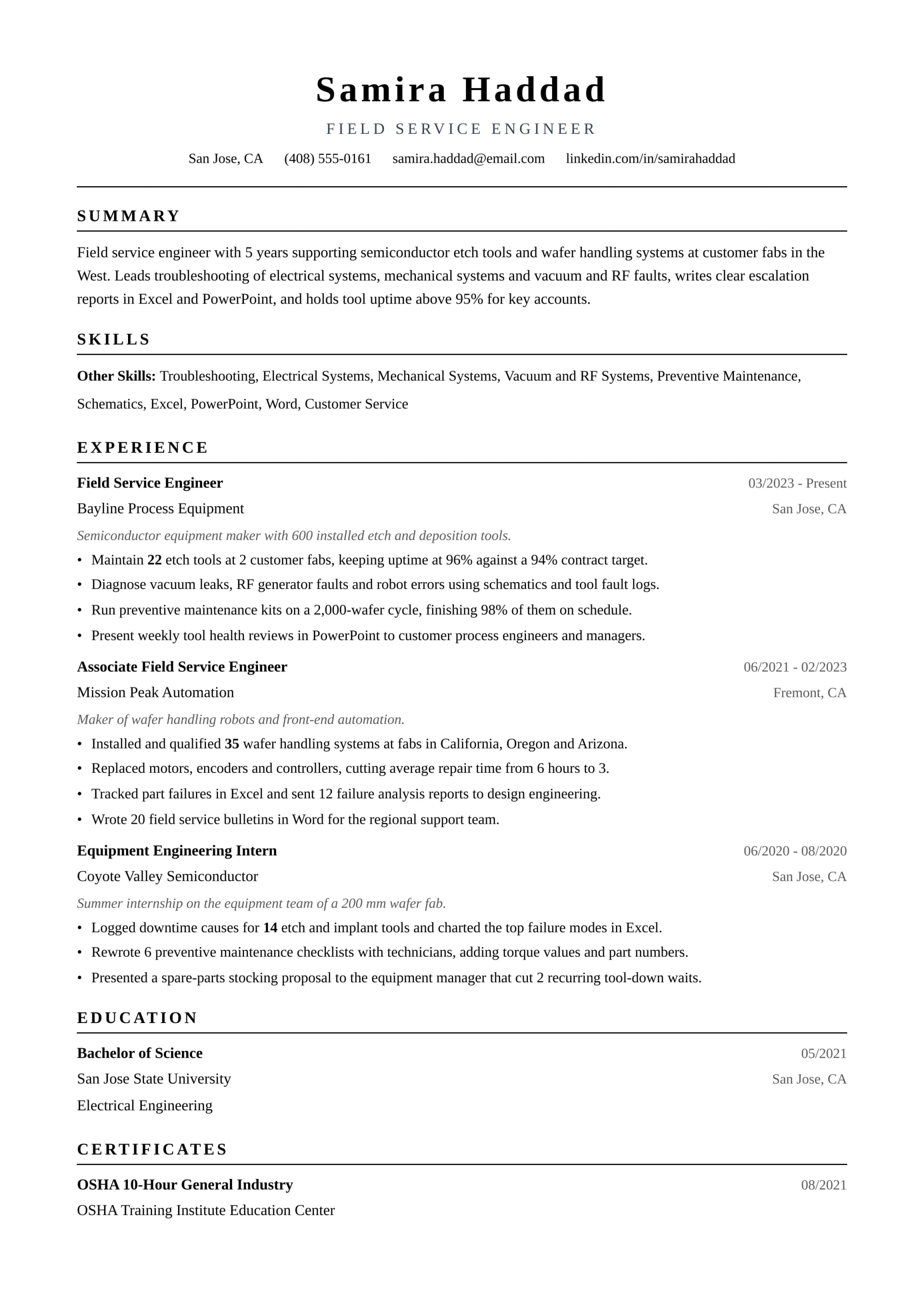 Field Service Engineer resume example