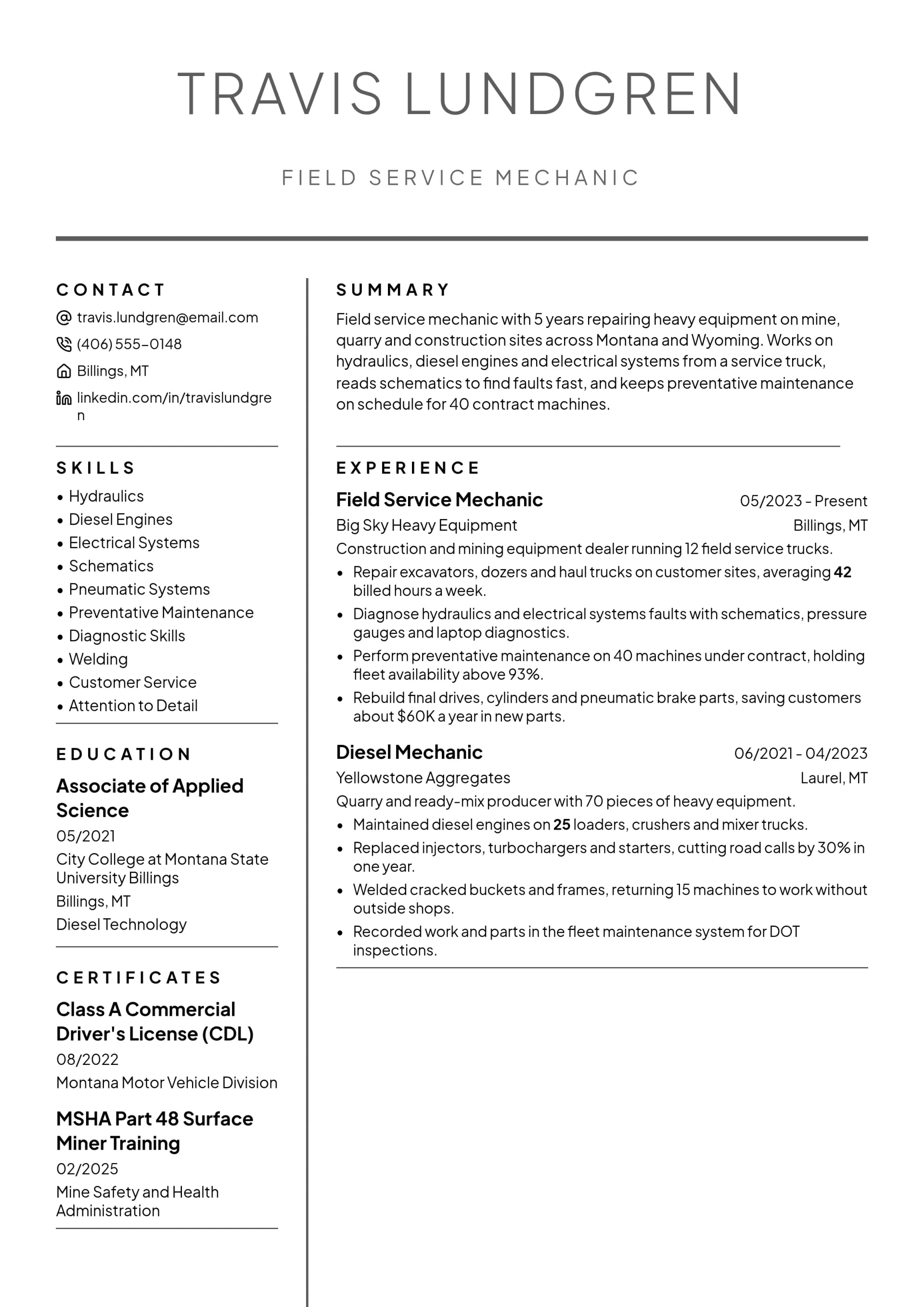 Field Service Mechanic resume example