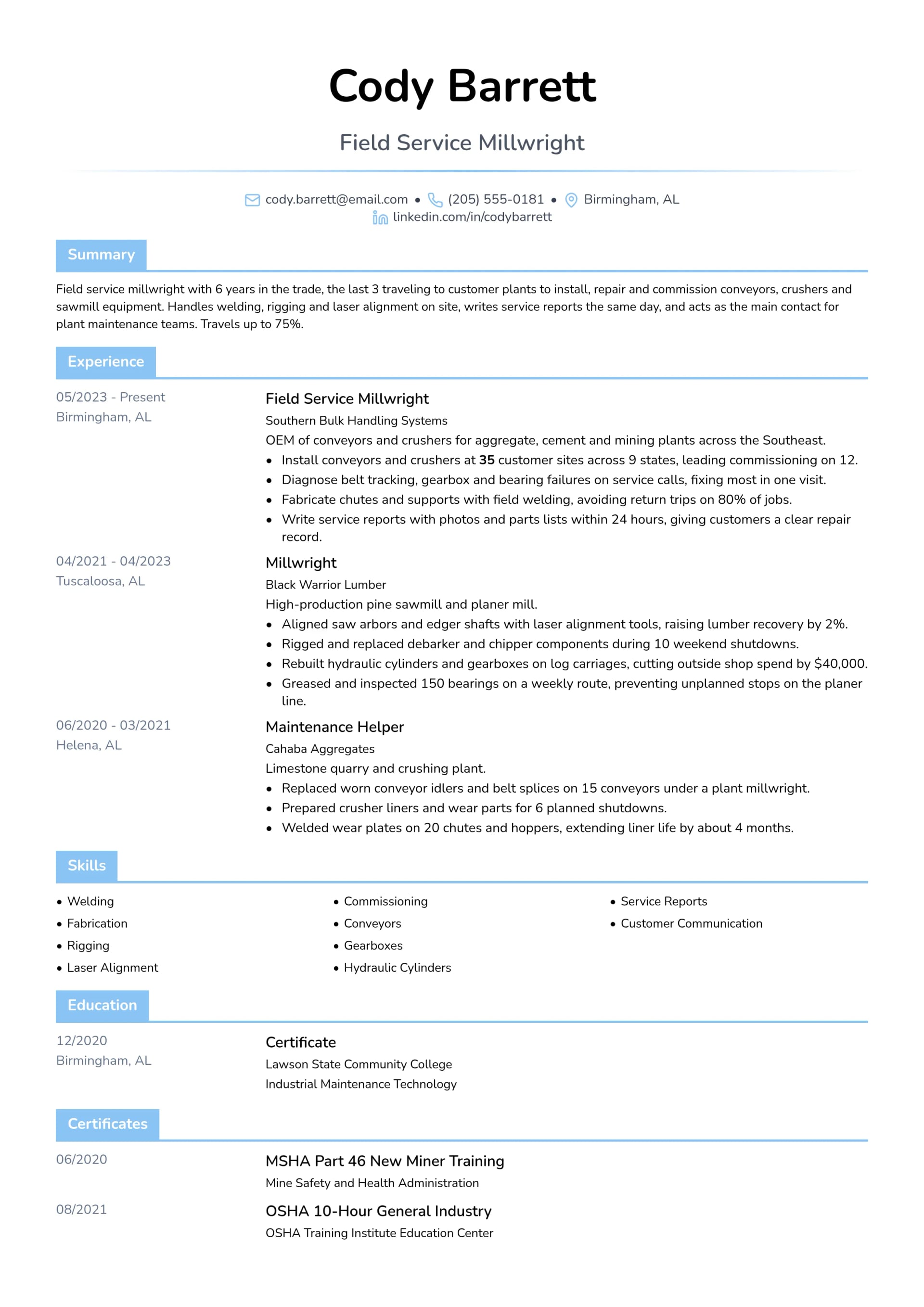 Field Service Millwright resume example