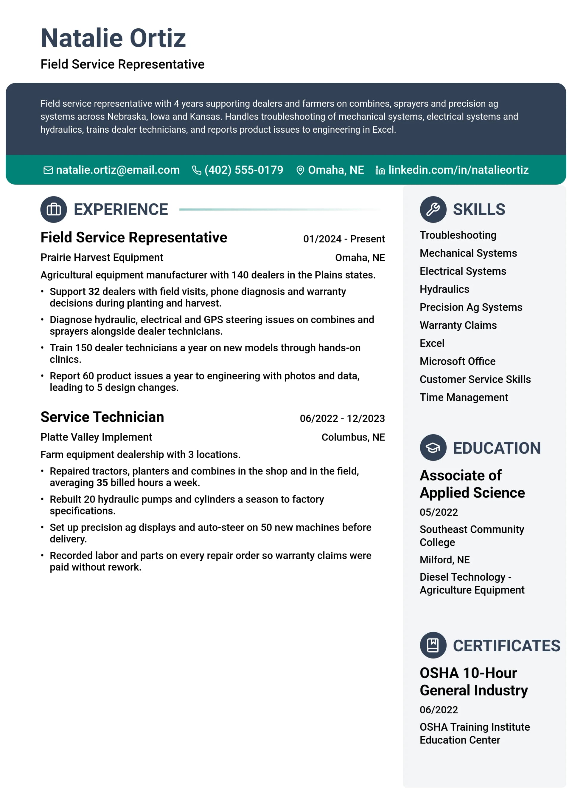 Field Service Representative resume example