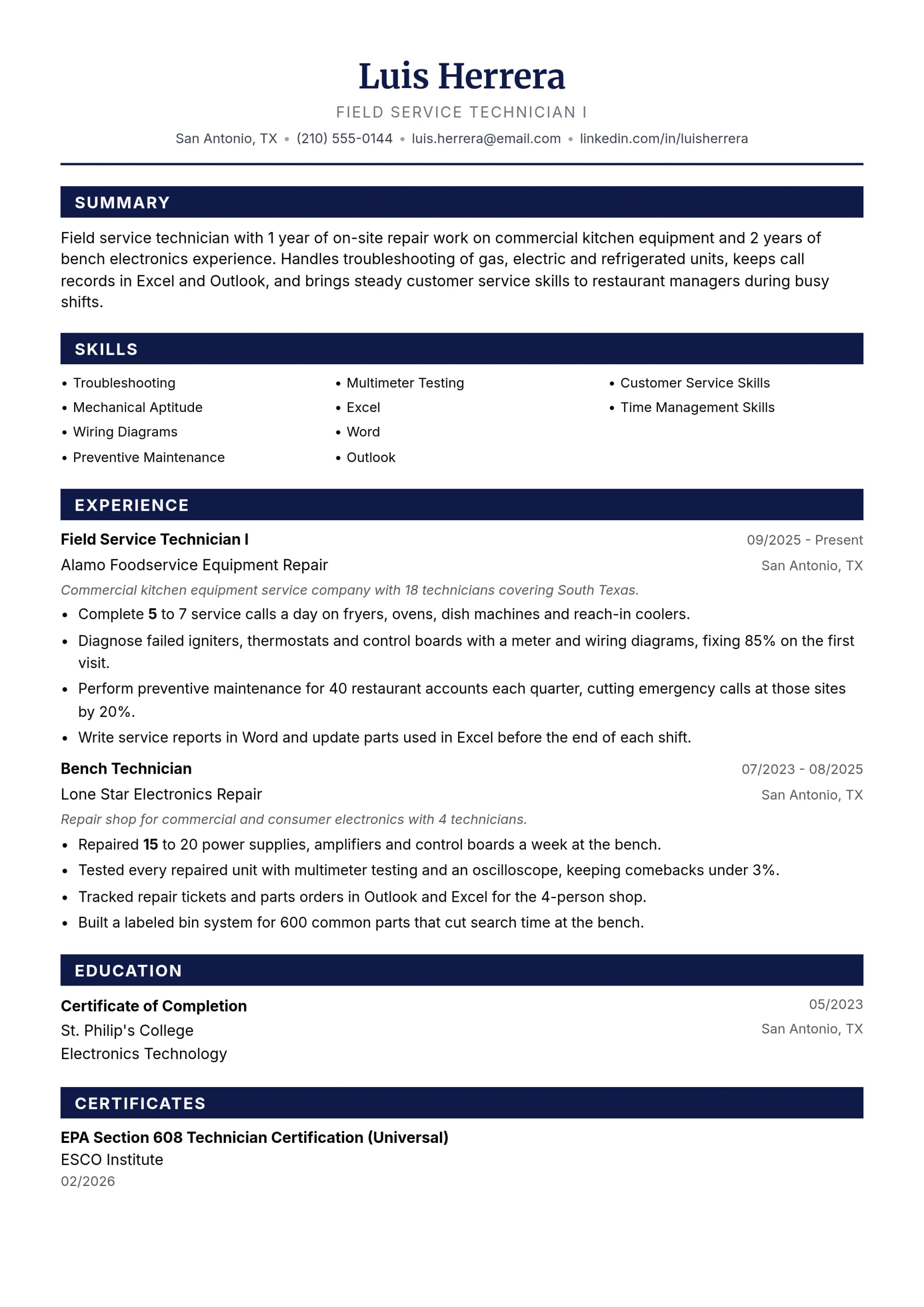Field Service Technician I resume example