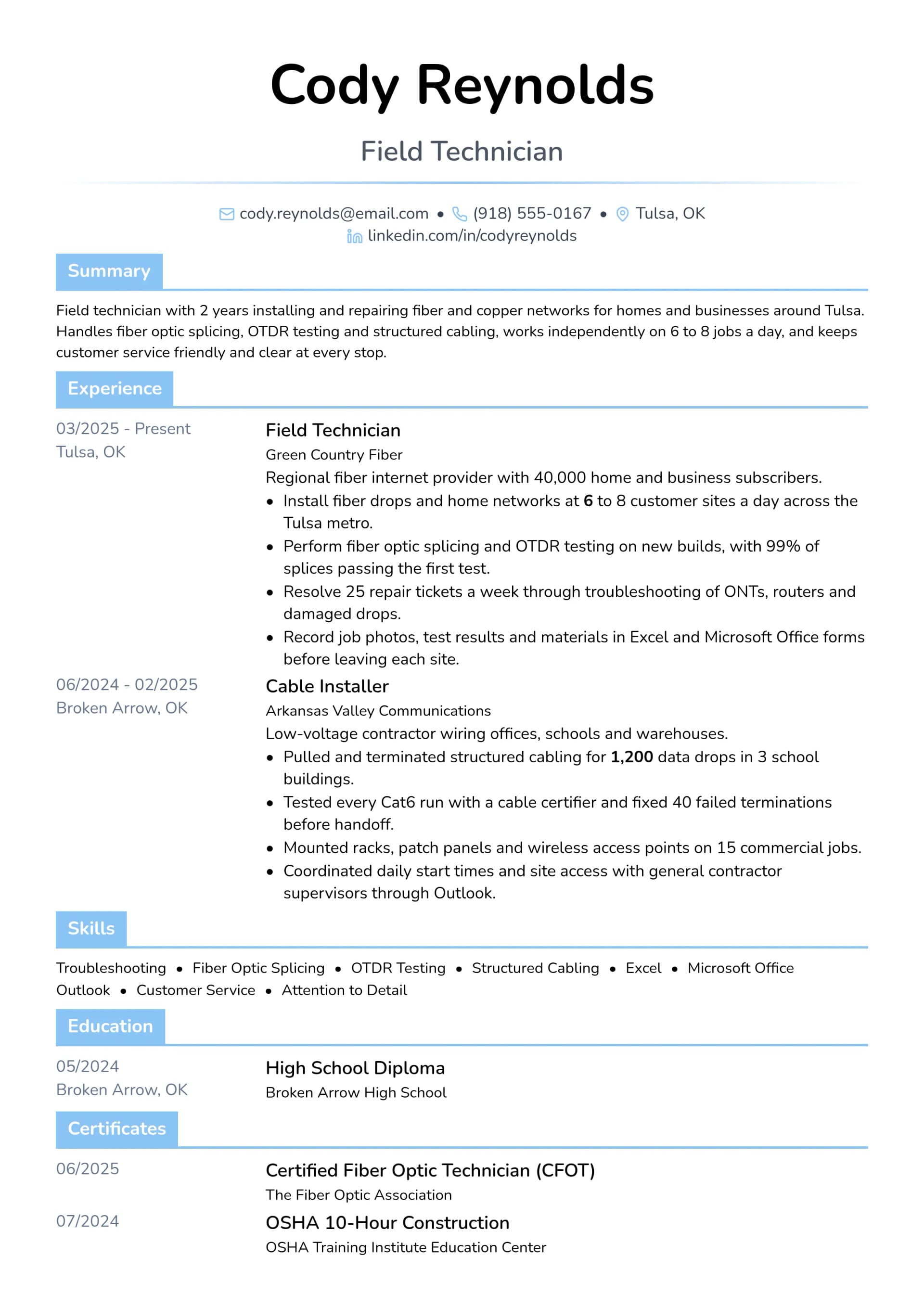 Field Technician resume example