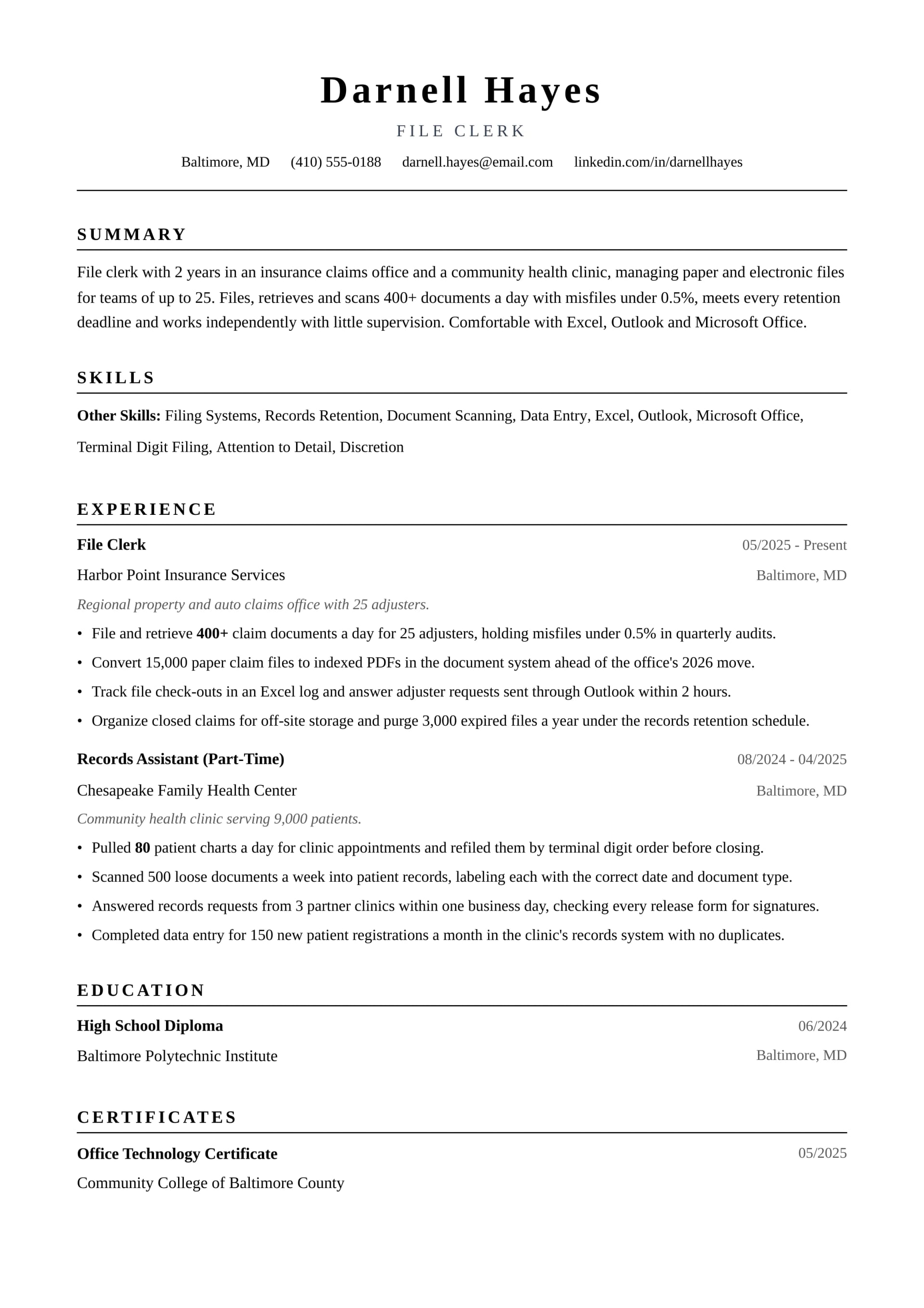 File Clerk resume example