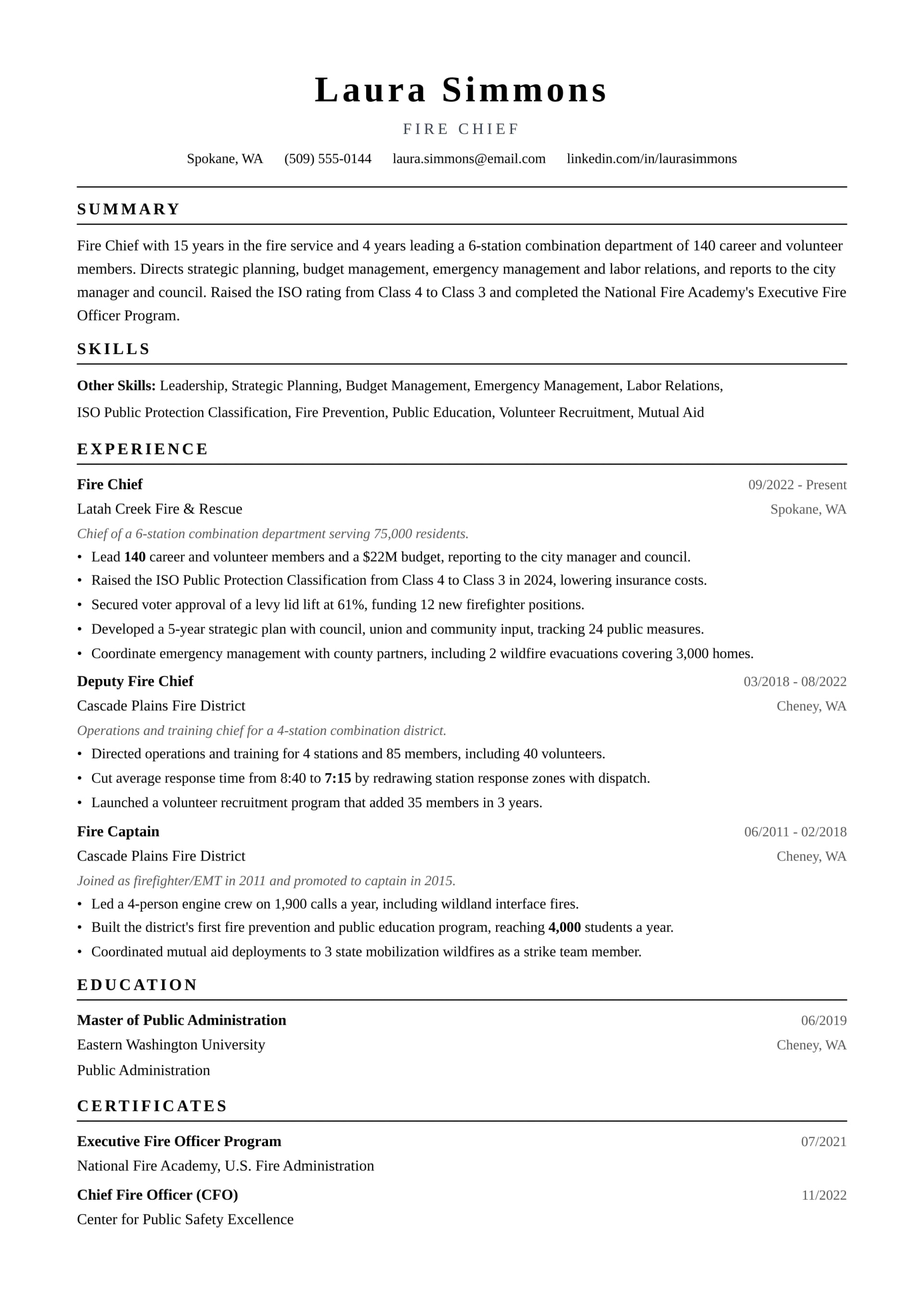 Fire Chief resume example