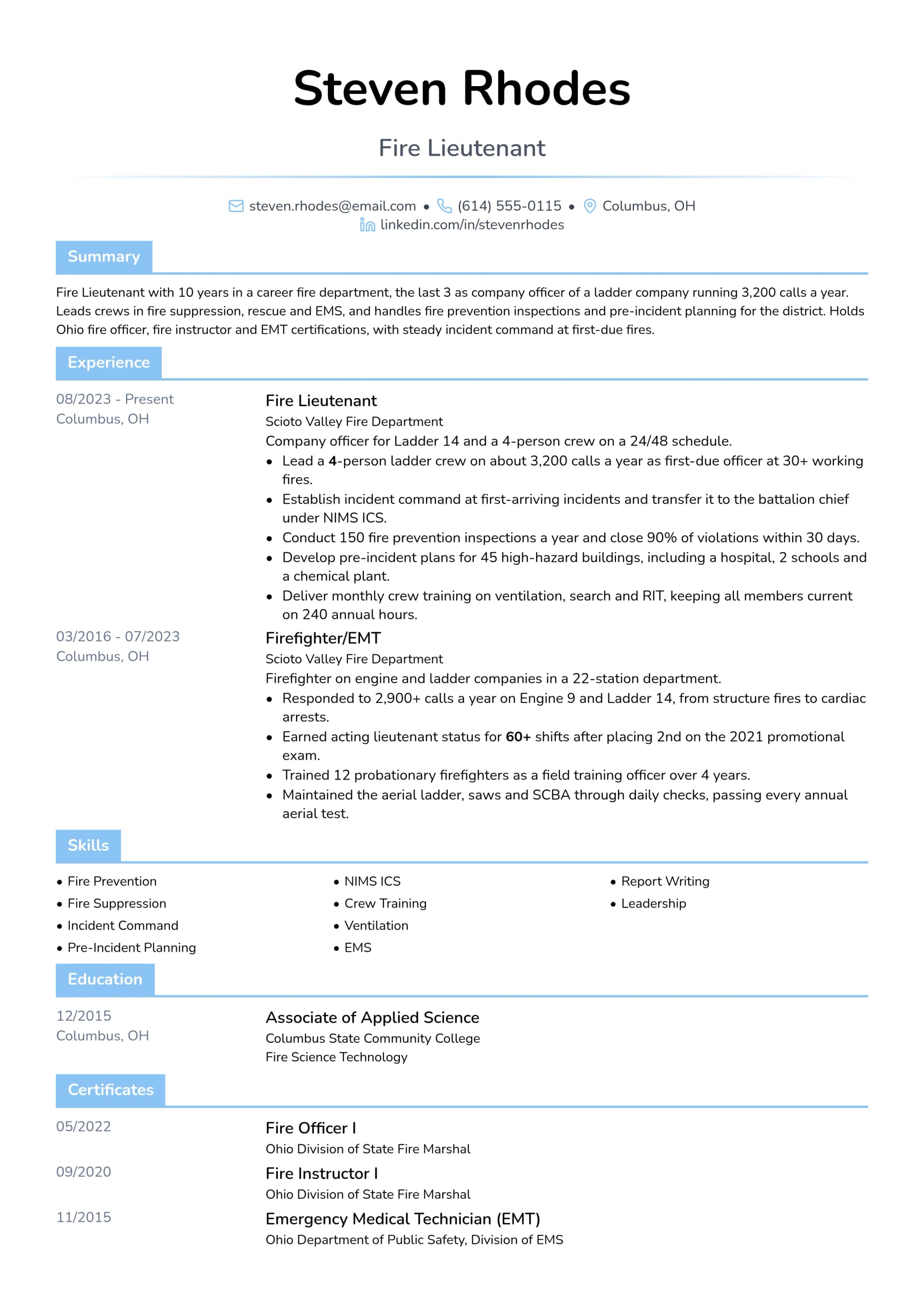 Fire Lieutenant resume example