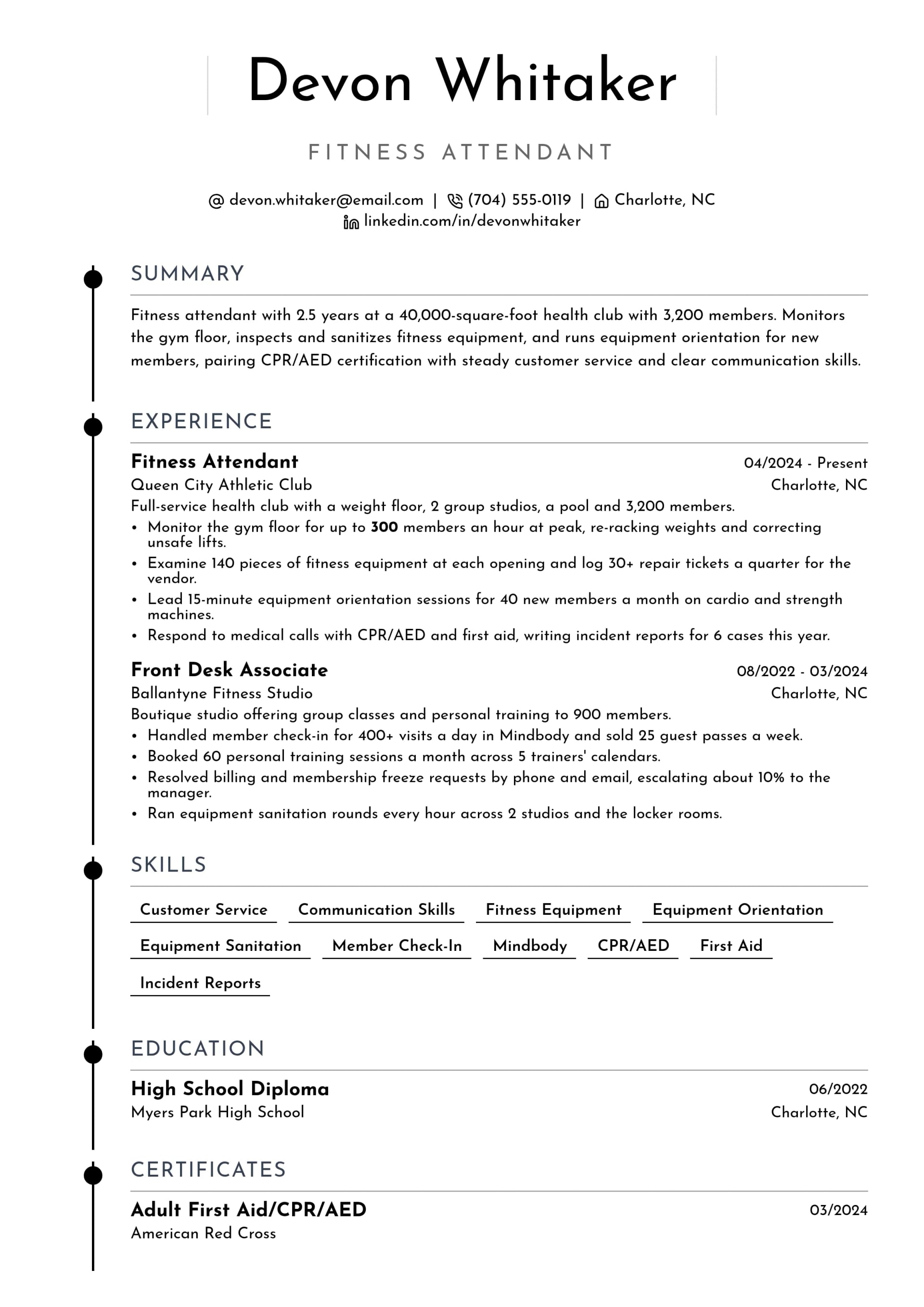 Fitness Attendant resume example